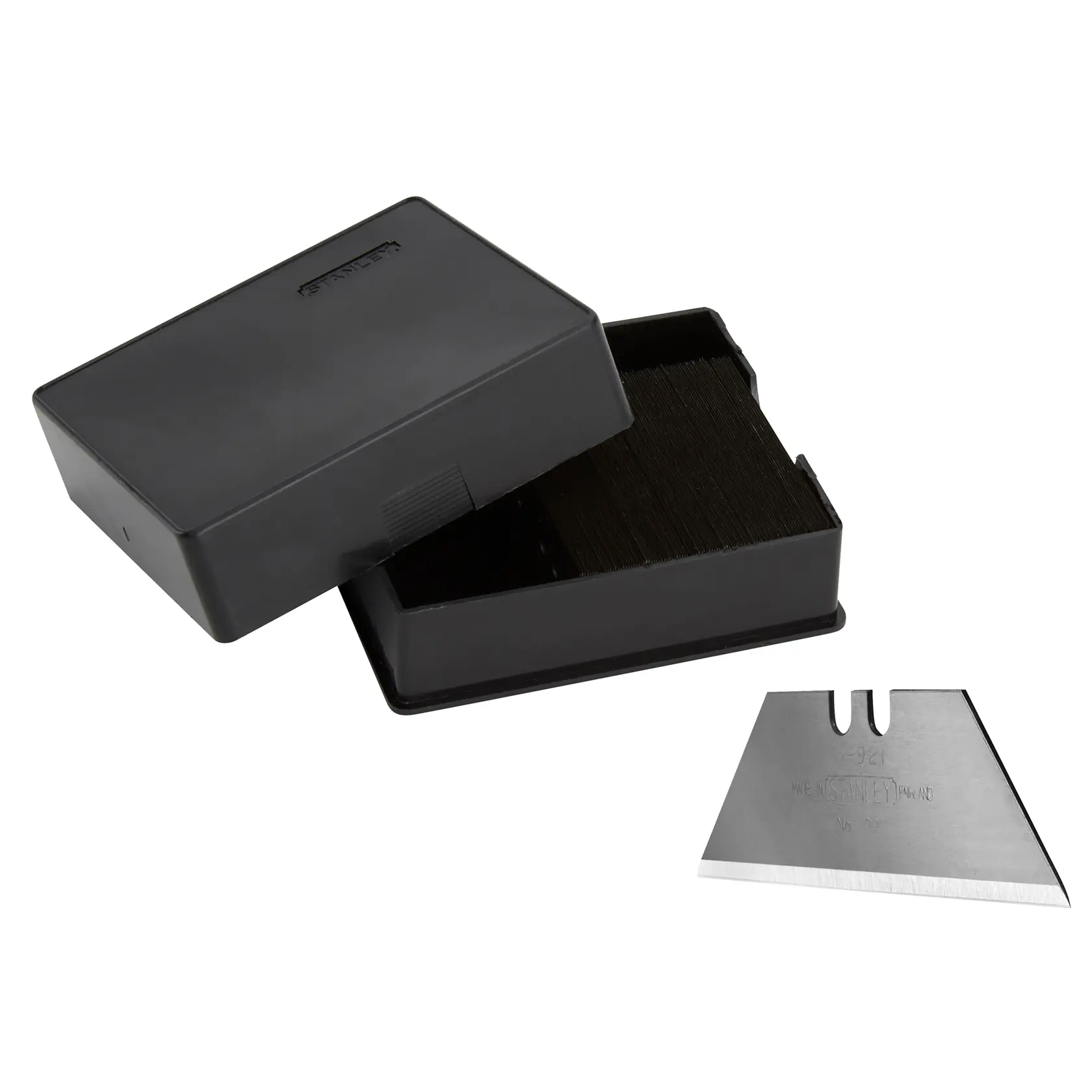STANLEY 1-11-921 utility razor blades in a black plastic storage box, viewed at an angle on white background.