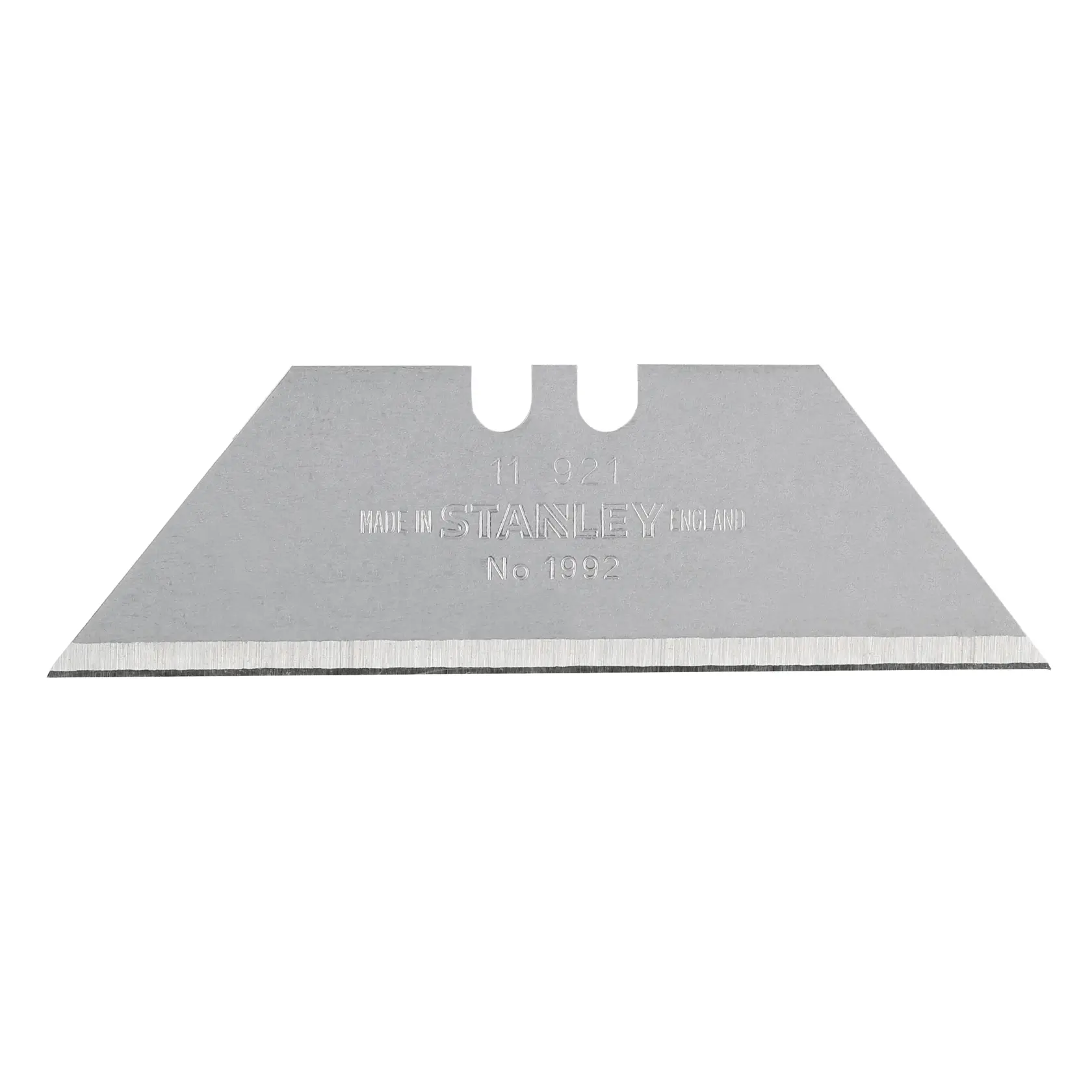 Stanley utility knife blade, trapezoidal shape, model 1-11-921, sharp edge for cutting tasks.