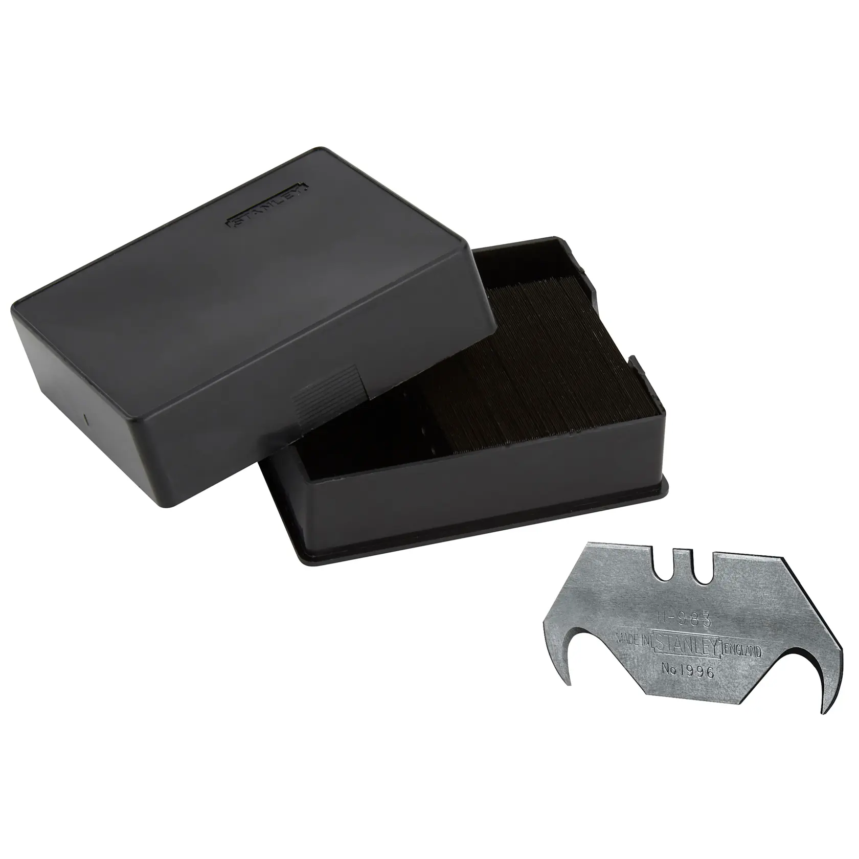 Stanley utility blades in a black box, one blade is shown outside the container.