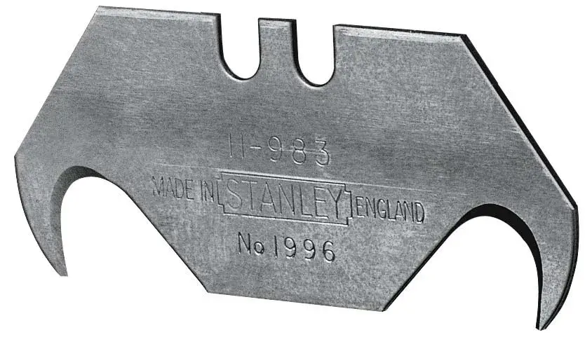 Photo of STANLEY 1-11-983 hook utility blade, silver metal, angled view on white background.