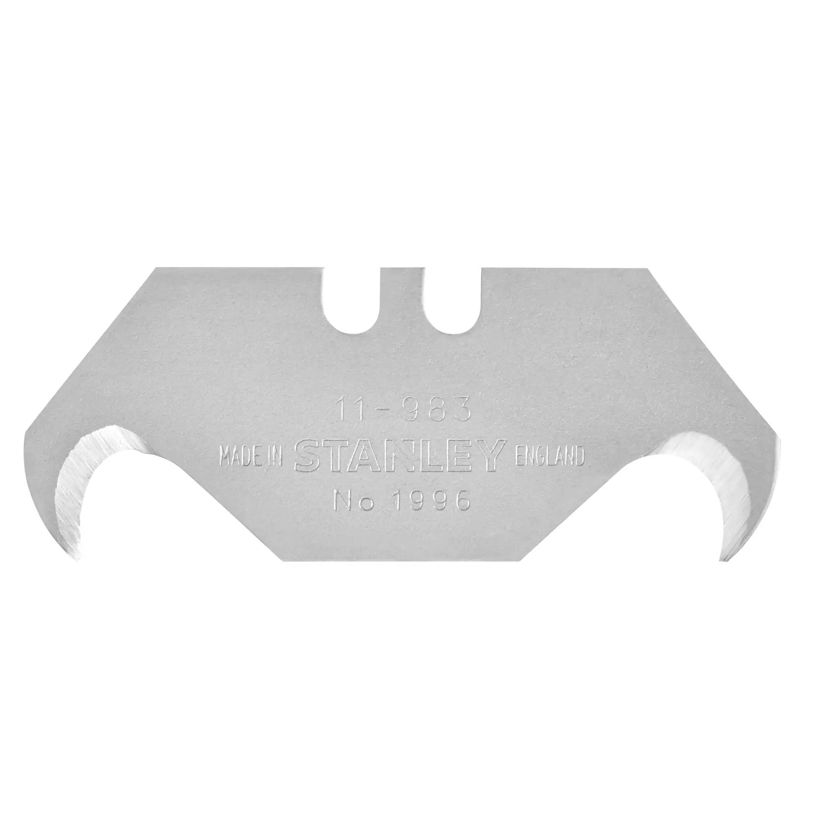 STANLEY 1-11-983 hook utility blade, silver, shown front-facing on white background.