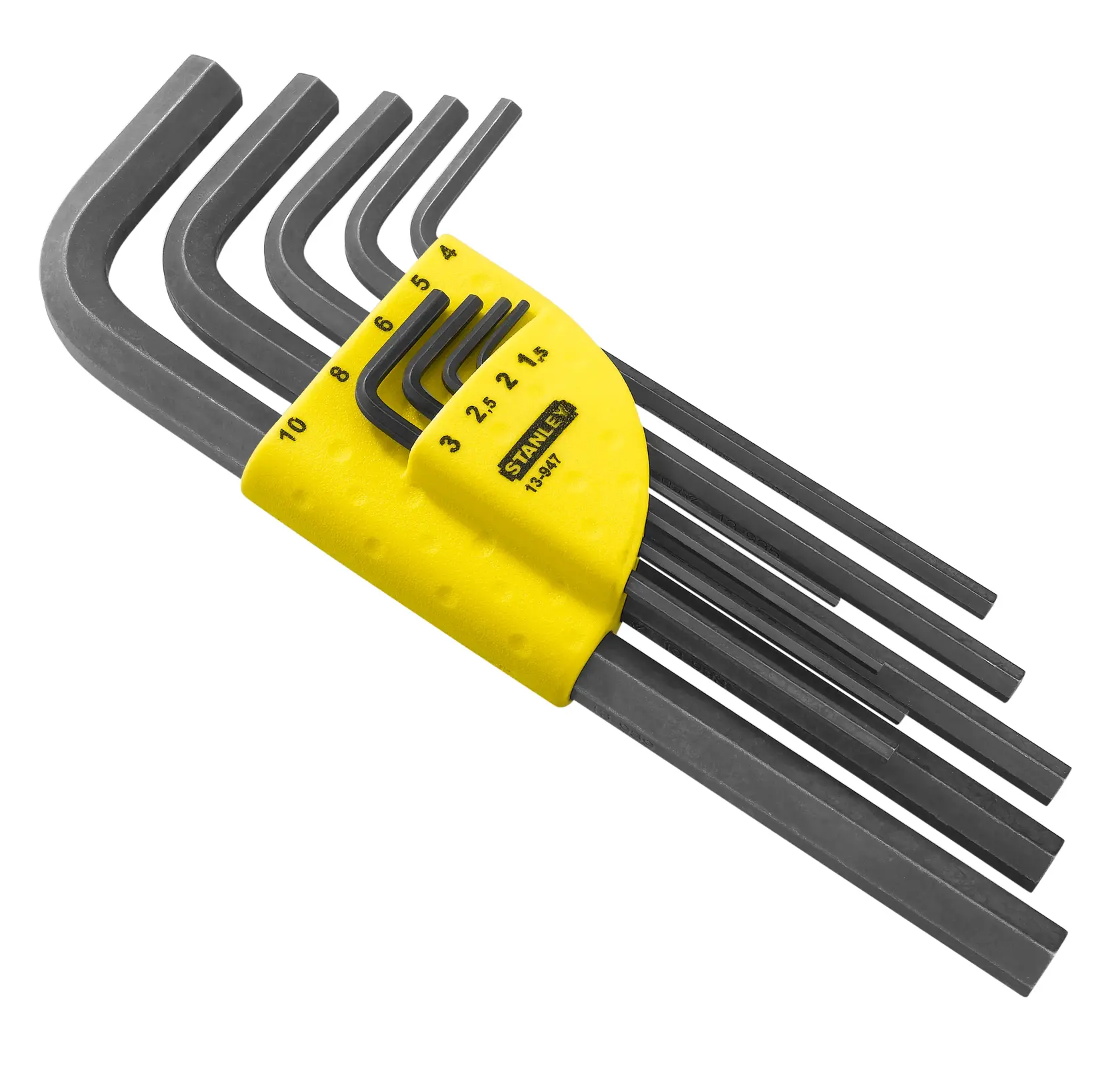 Set of nine hex keys in a yellow holder, various sizes, branded STANLEY 1-13-947.