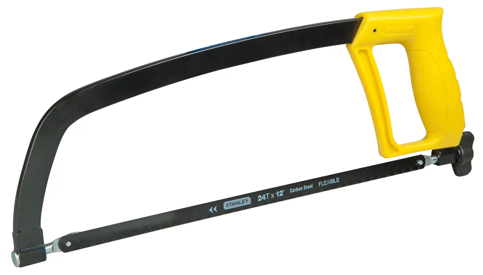 Stanley hacksaw with a yellow handle and black frame, suitable for cutting metal and plastic materials.