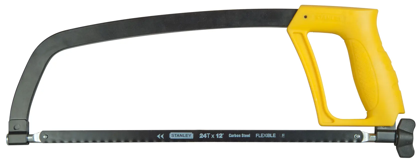 Stanley hacksaw with a yellow handle and black frame, suitable for cutting metal and other materials.