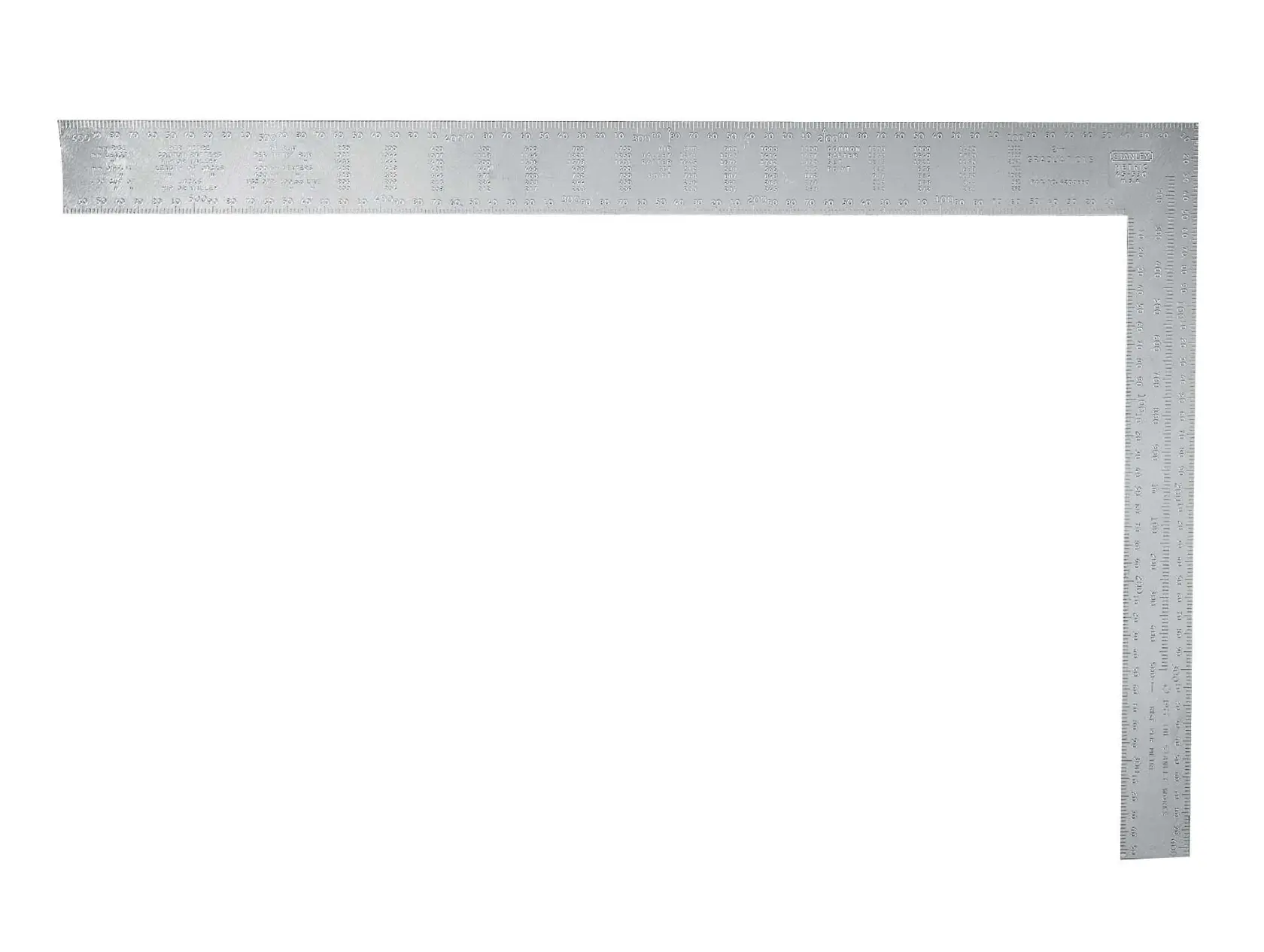 A metal carpenter's square with measurement markings, shown against a white background.