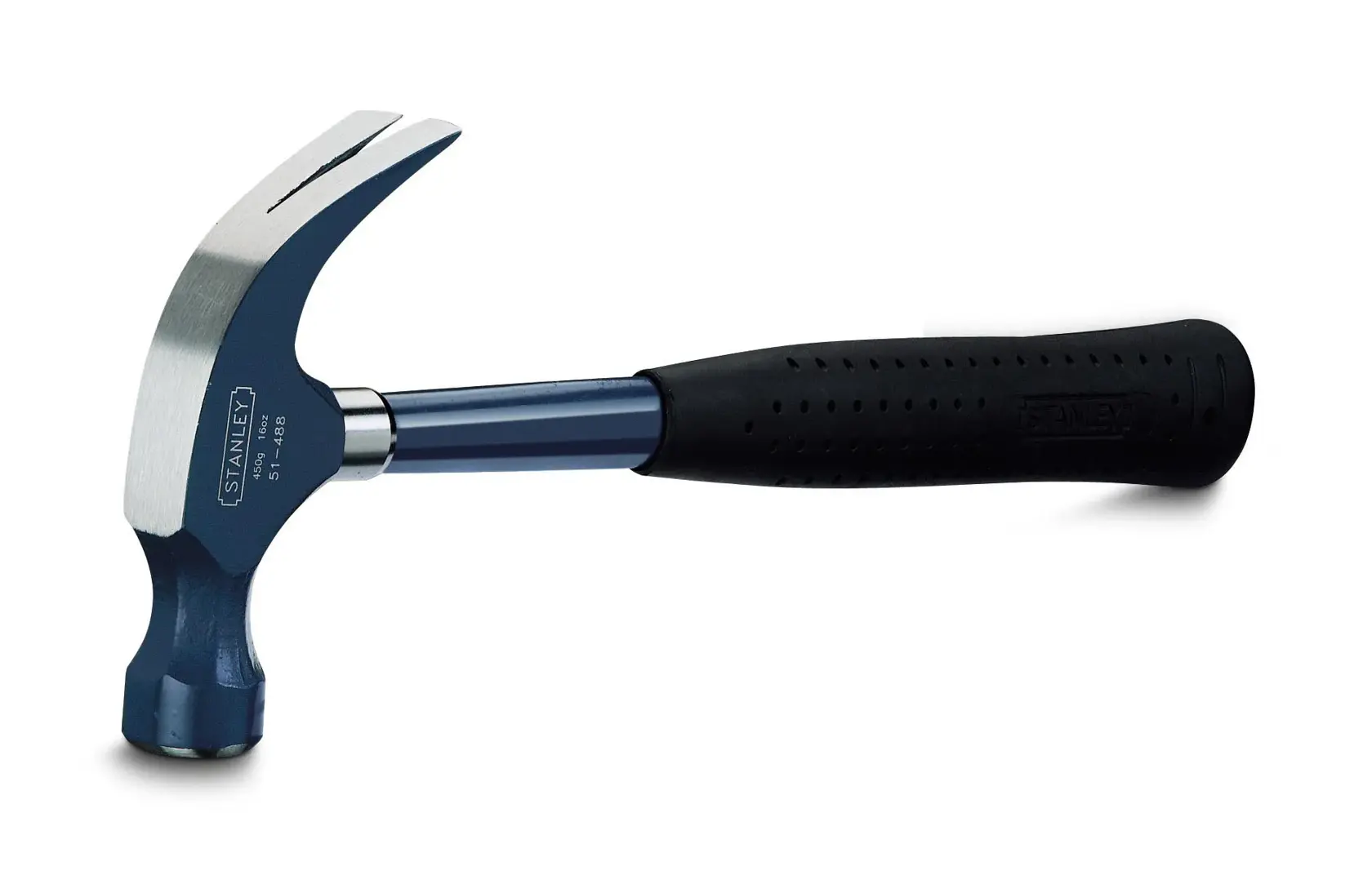 Stanley claw hammer with textured black handle, shown against a white background.