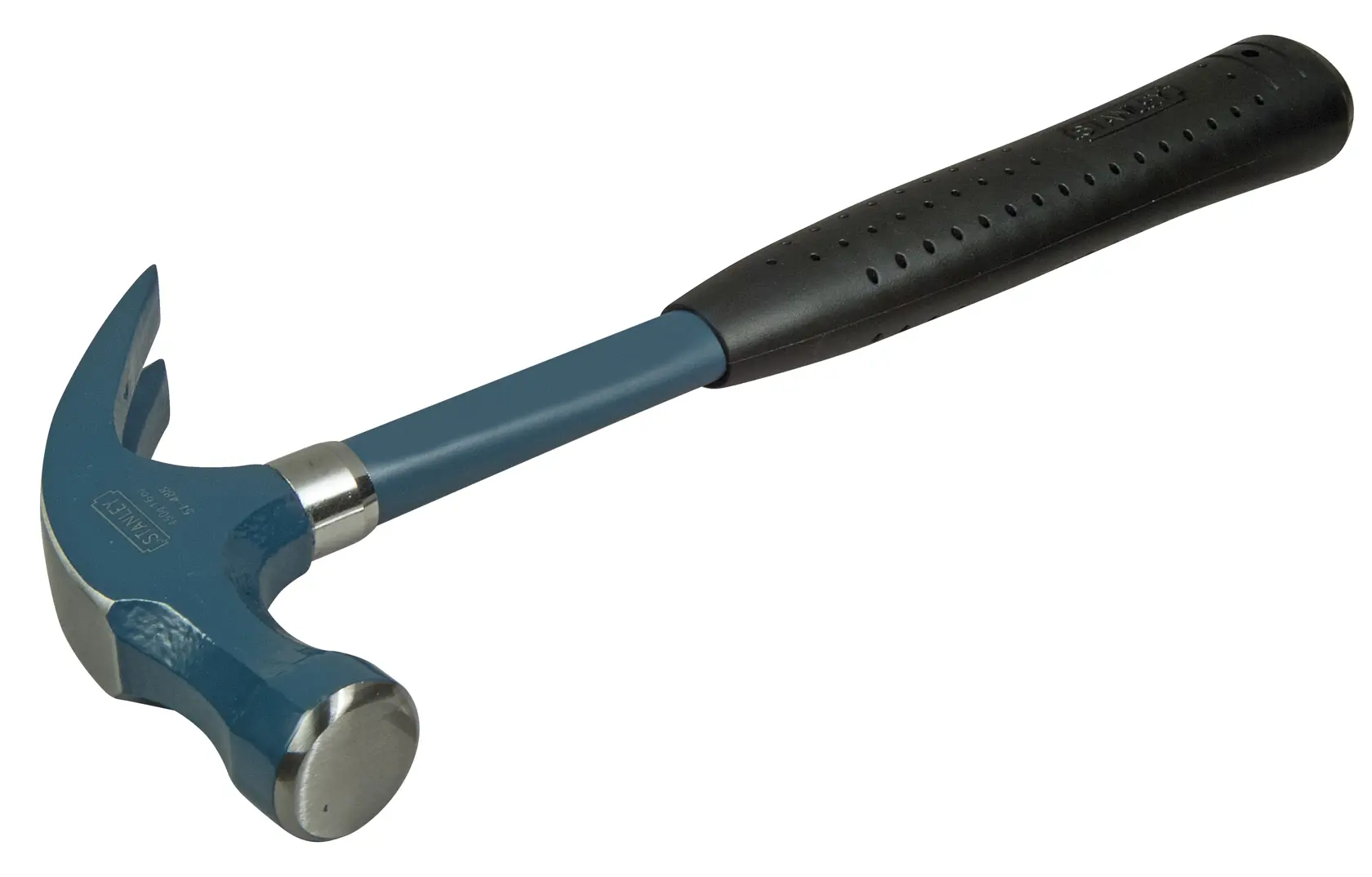 STANLEY 1-51-488 claw hammer with blue steel head and black rubber handle, side view on white background.