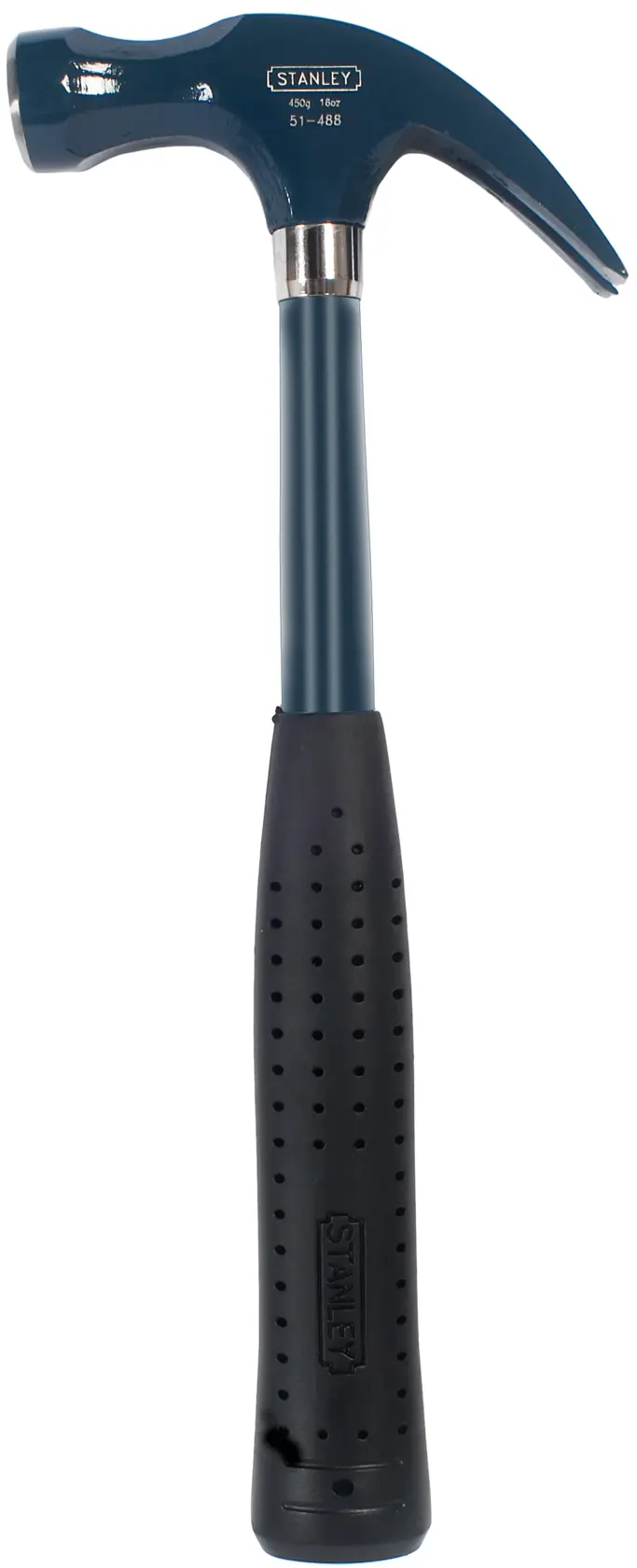 Stanley claw hammer with blue steel handle and black rubber grip, shown vertically against a white background.