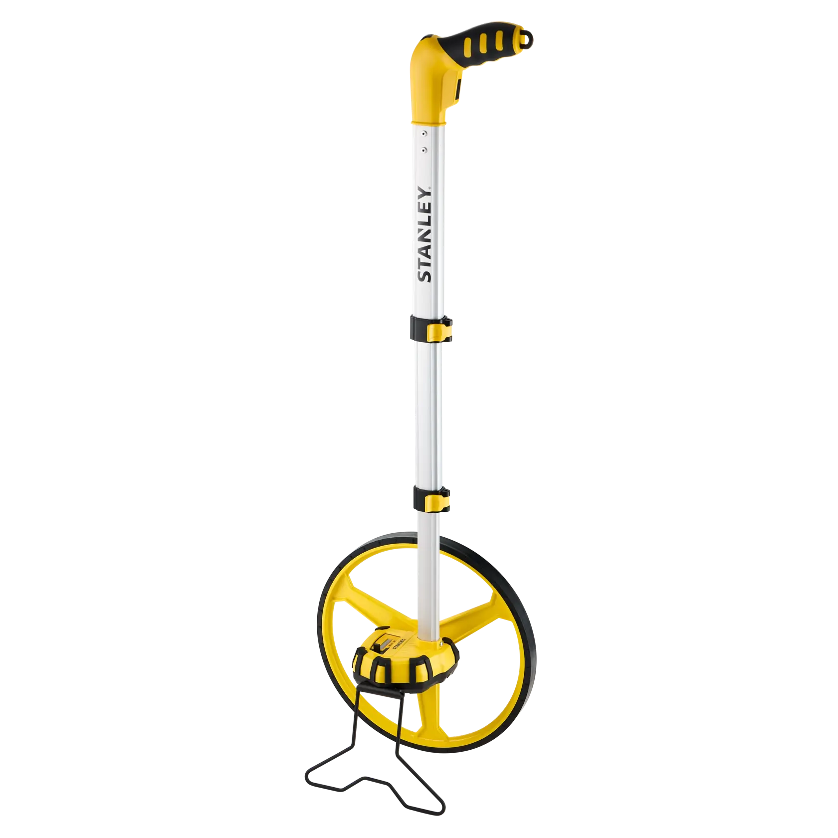 STANLEY 1-77-174 yellow and black measuring wheel, side angle, with ergonomic handle and foldable stand.