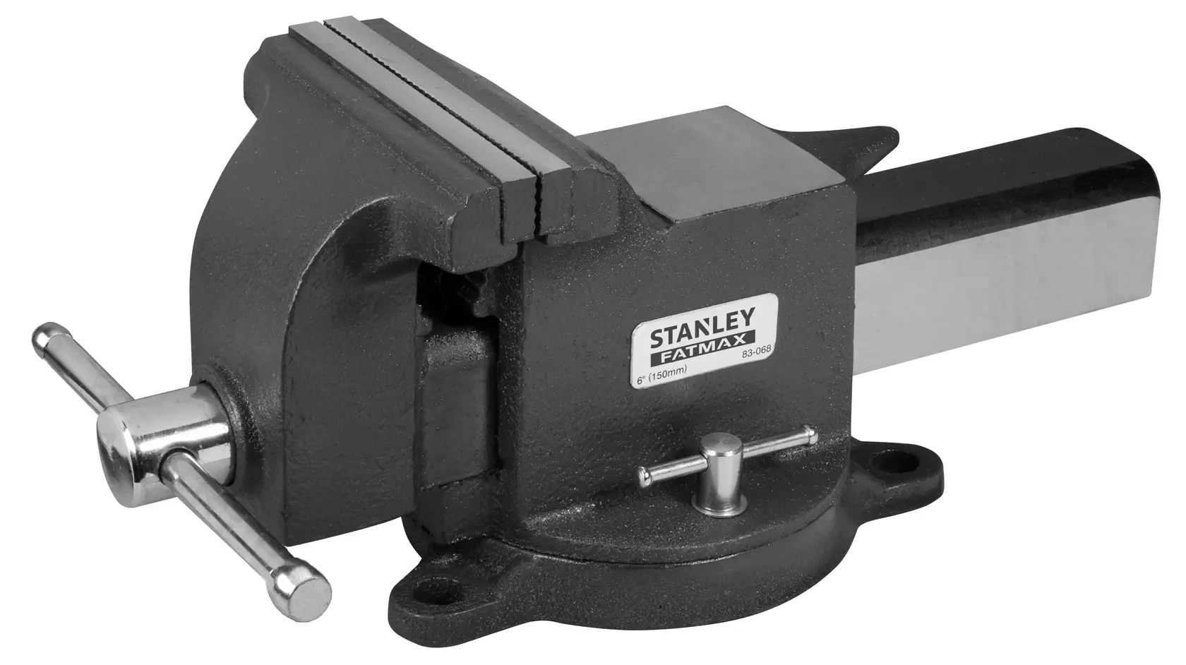 STANLEY 1-83-068 bench vise, black metal, side angle, with rotating base and sturdy jaws.