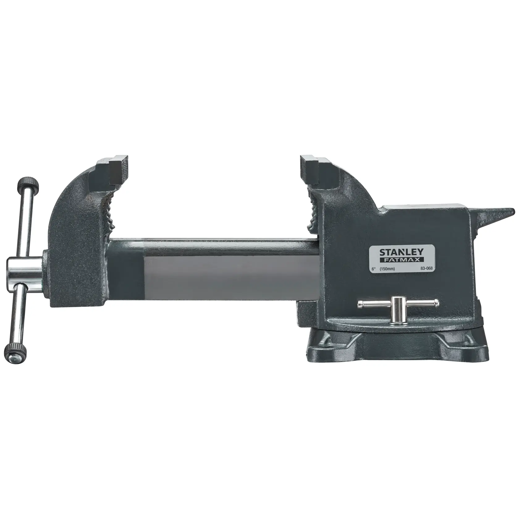 STANLEY 1-83-068 bench vise, gray metal, front view on white background, photography product.