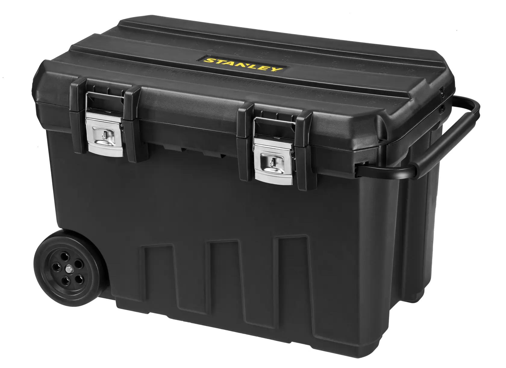 STANLEY 1-92-978 black wheeled toolbox with metal latches, front angle on white background