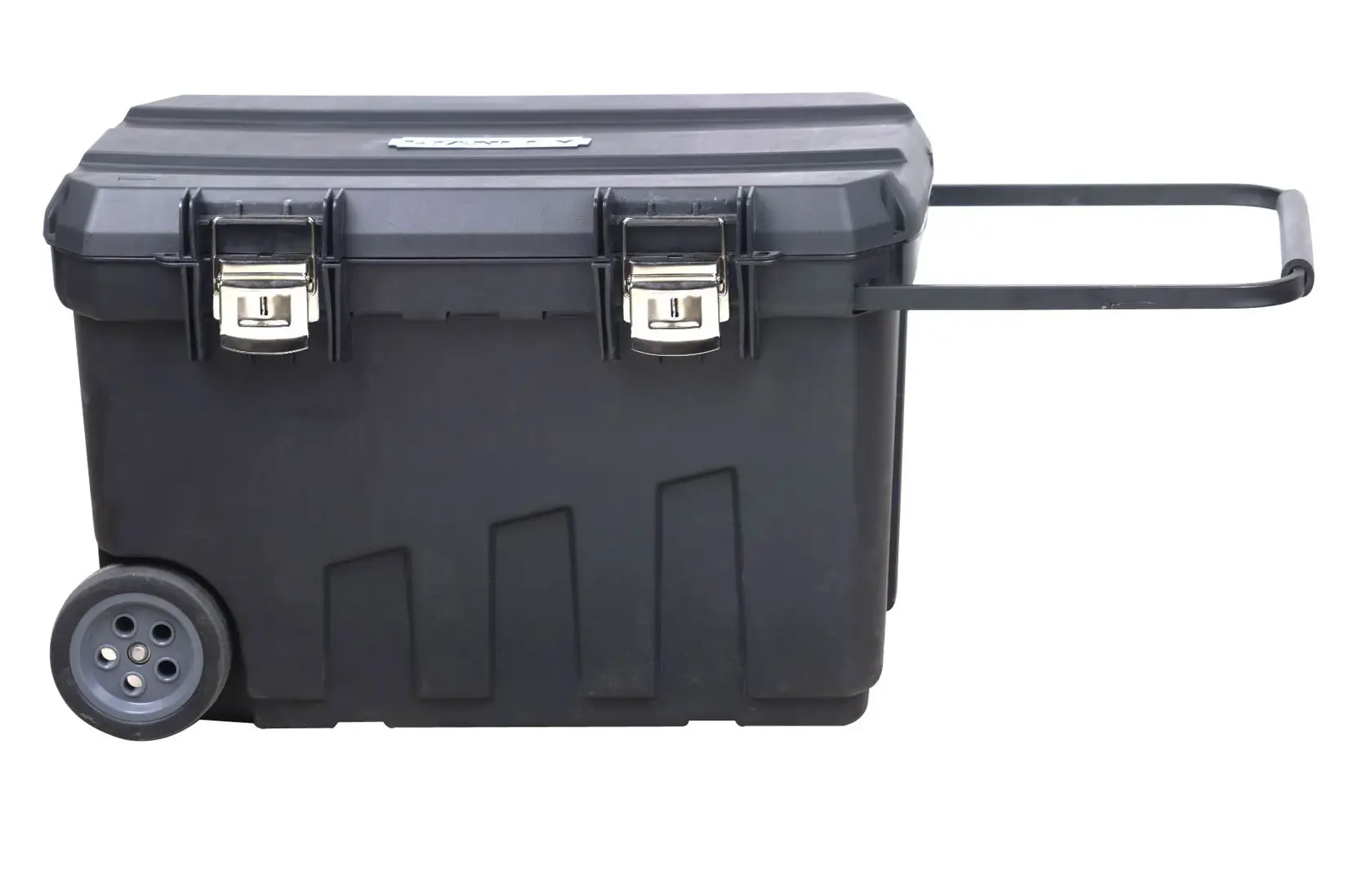 STANLEY 1-92-978 black wheeled toolbox with metal latches and extended pull handle, side angle on white.
