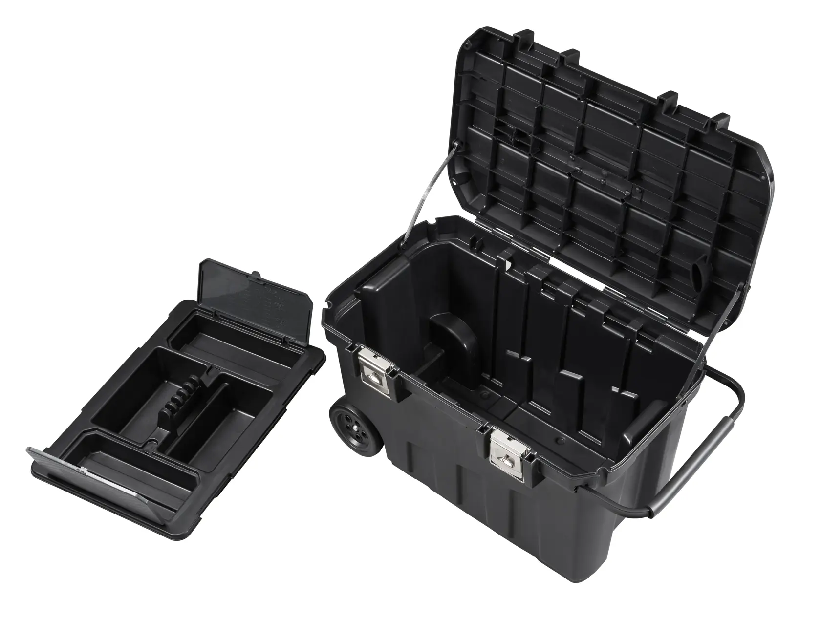 STANLEY 1-92-978 black wheeled tool box with open lid and removable tray, front angle on white background.