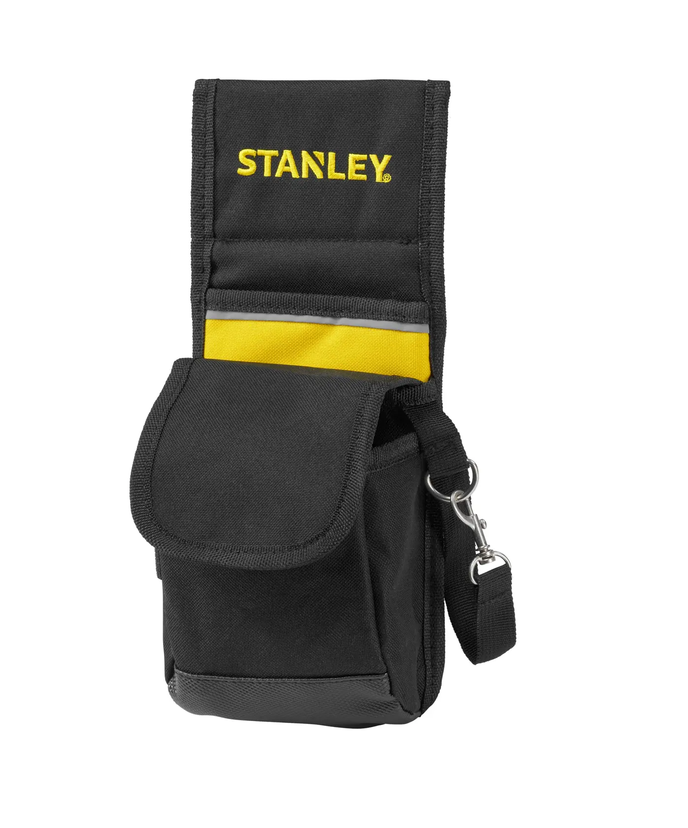 Photo of STANLEY 1-93-329 black and yellow tool pouch, front angle, with flap cover and metal clip.