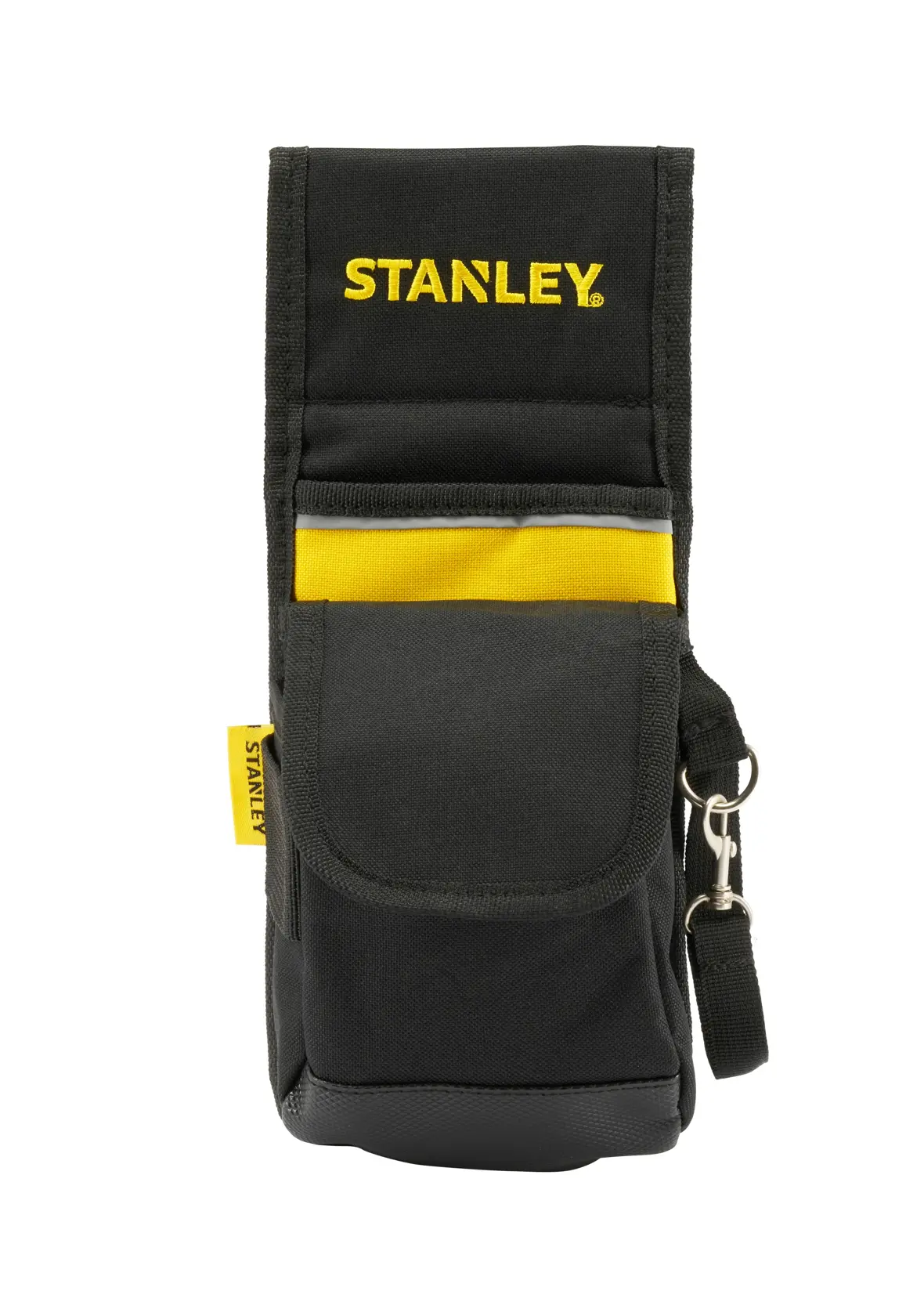 Front view of STANLEY 1-93-329 black and yellow tool pouch with flap, pocket, and key clip.