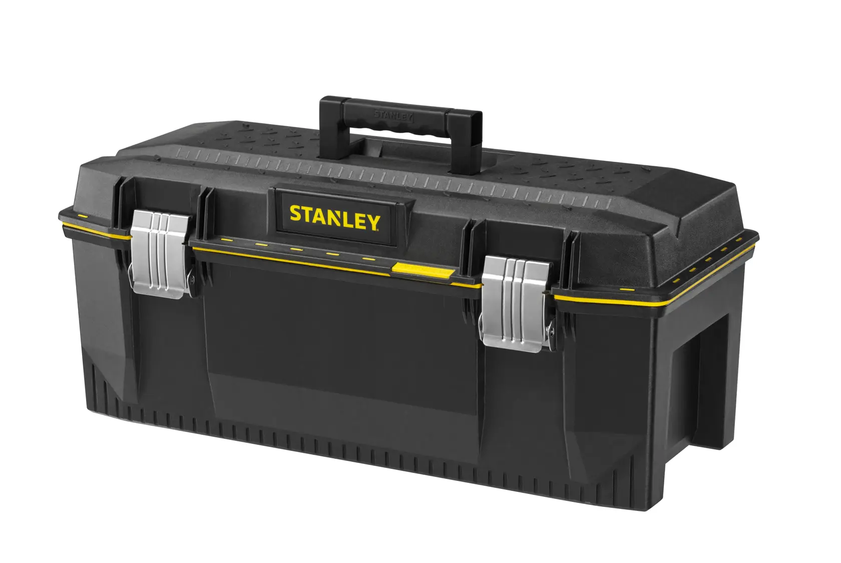 STANLEY 1-93-935 black plastic toolbox with yellow accents, dual metal latches, and top handle, front angle.