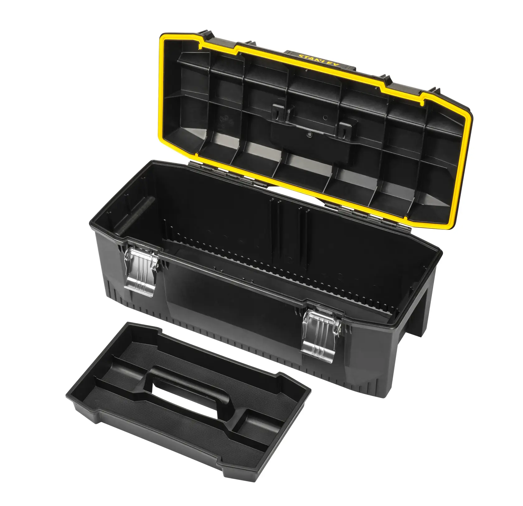 STANLEY 1-93-935 black toolbox with open lid, removable tray, and metal latches, front angle.