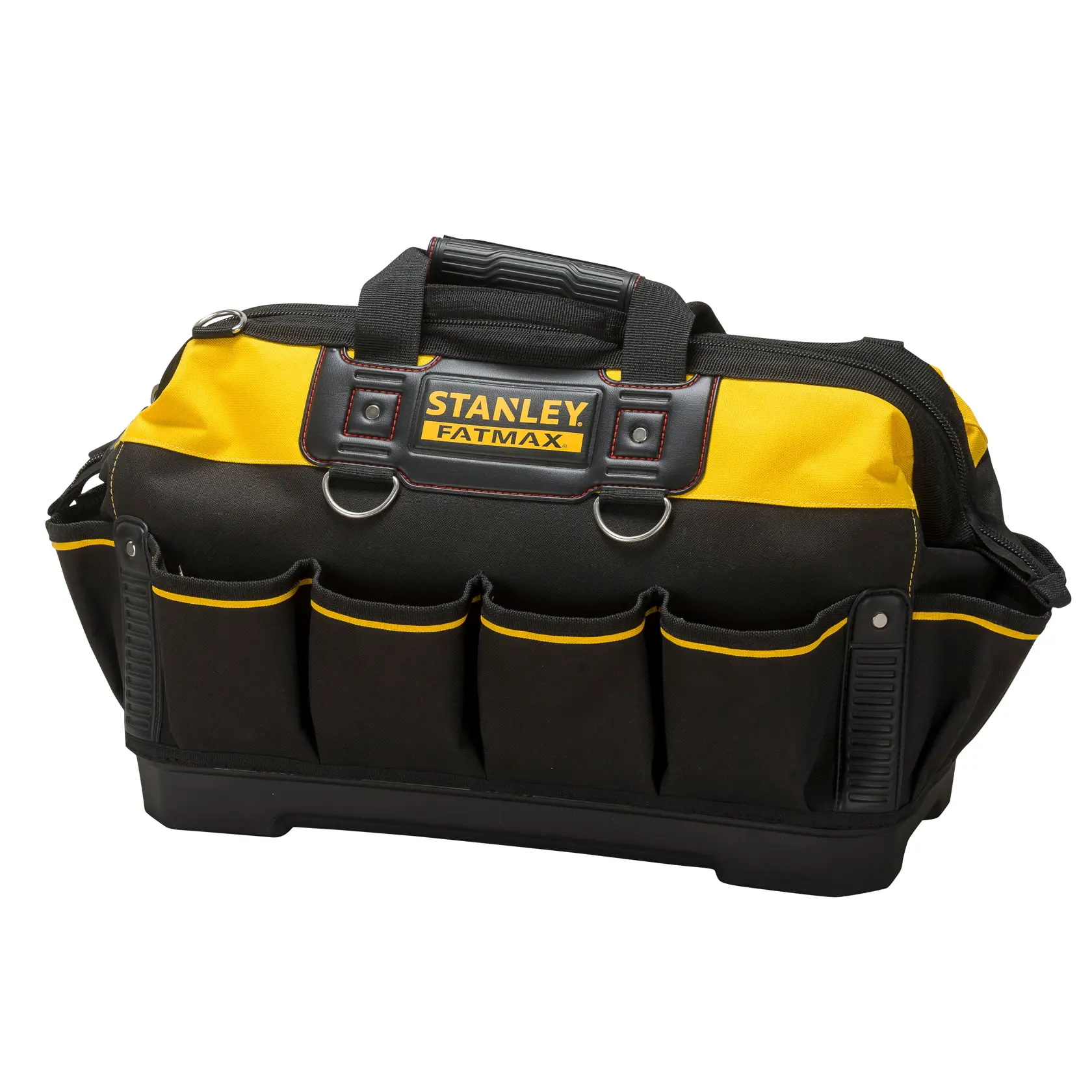 Stanley Fatmax tool bag with black and yellow design, multiple front pockets and a sturdy handle.