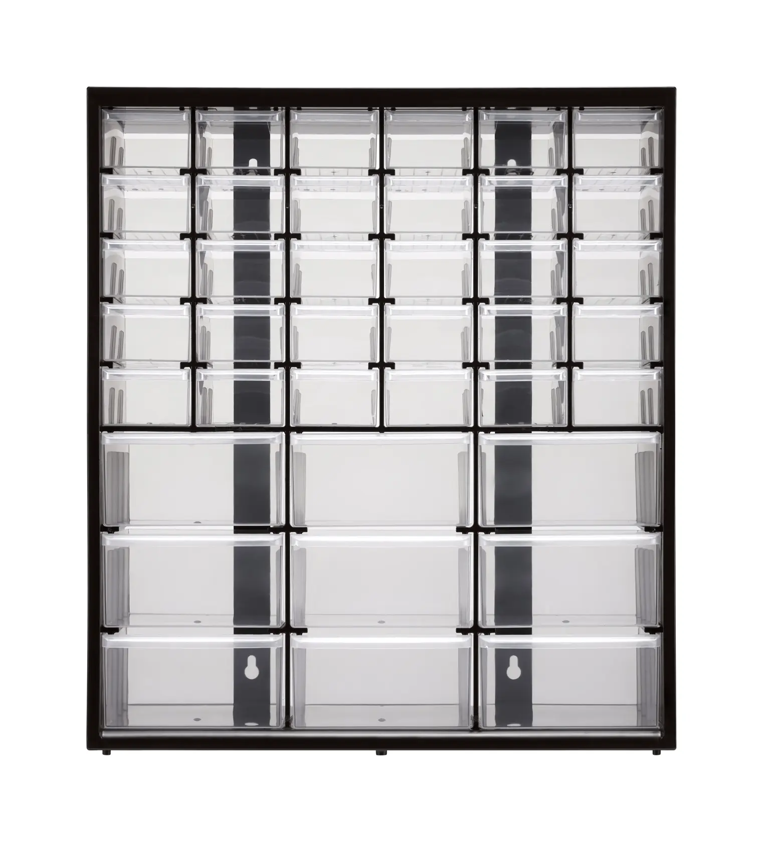 Plastic storage cabinet with multiple transparent drawers for organizing small items.