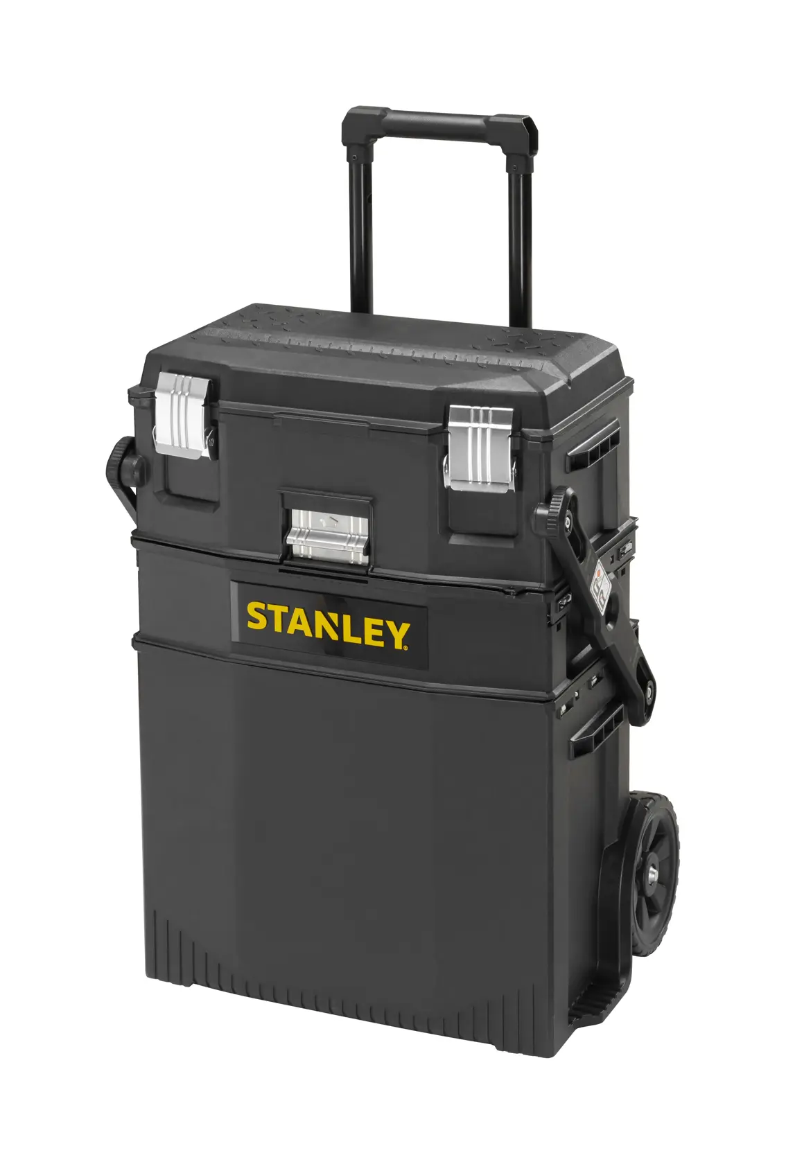 STANLEY 1-94-210 black rolling tool box with telescopic handle and side latches, front angle, photography.