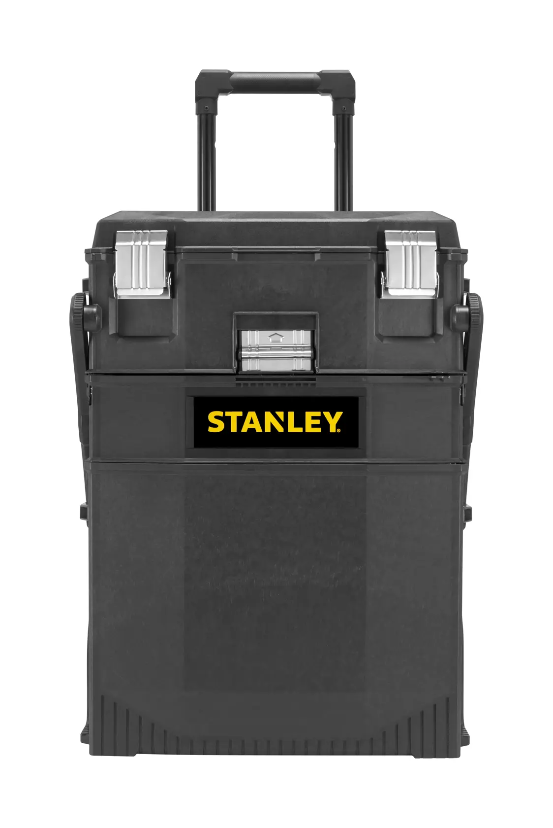 STANLEY 1-94-210 rolling black toolbox with metal latches, telescopic handle, photography, front angle.