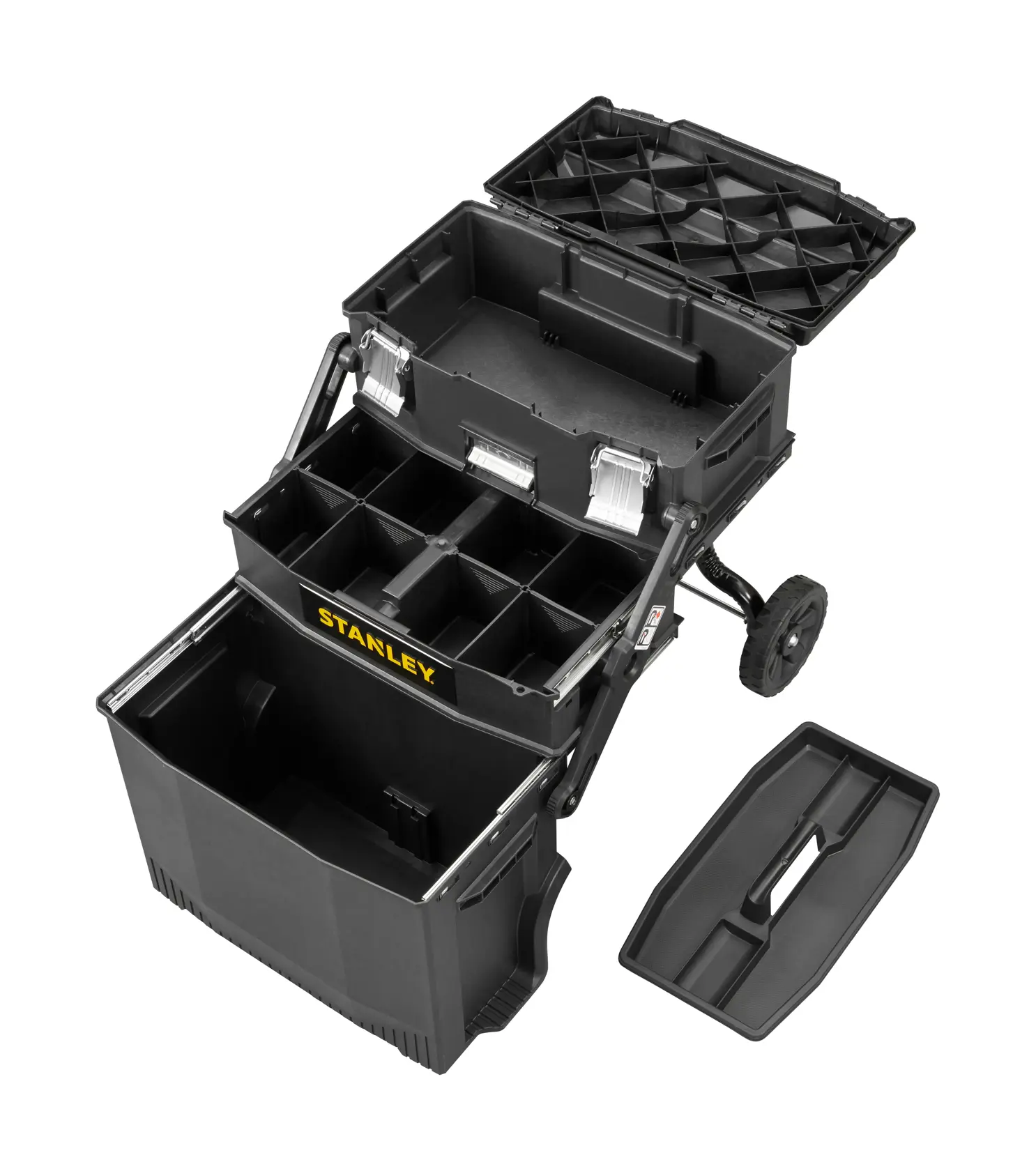 Stanley wheeled tool box with multiple compartments opened, showing storage sections and a removable lid.