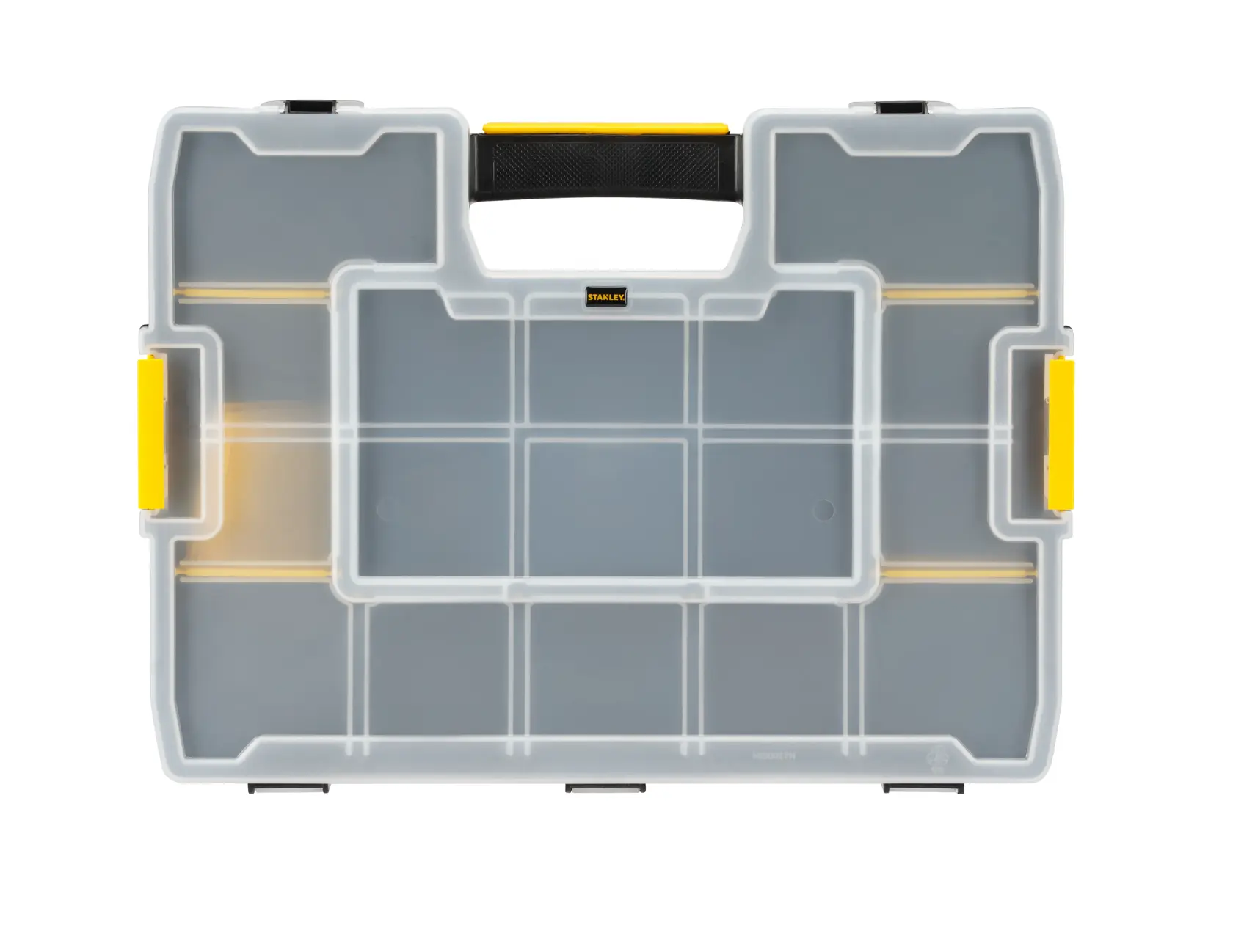 STANLEY 1-94-745 transparent plastic organizer with yellow latches, top view on white background.