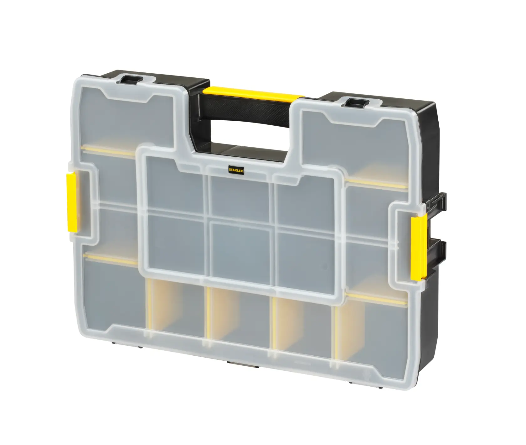 STANLEY 1-94-745 organizer with clear lid, black body, yellow handle, and compartments, front angle on white.