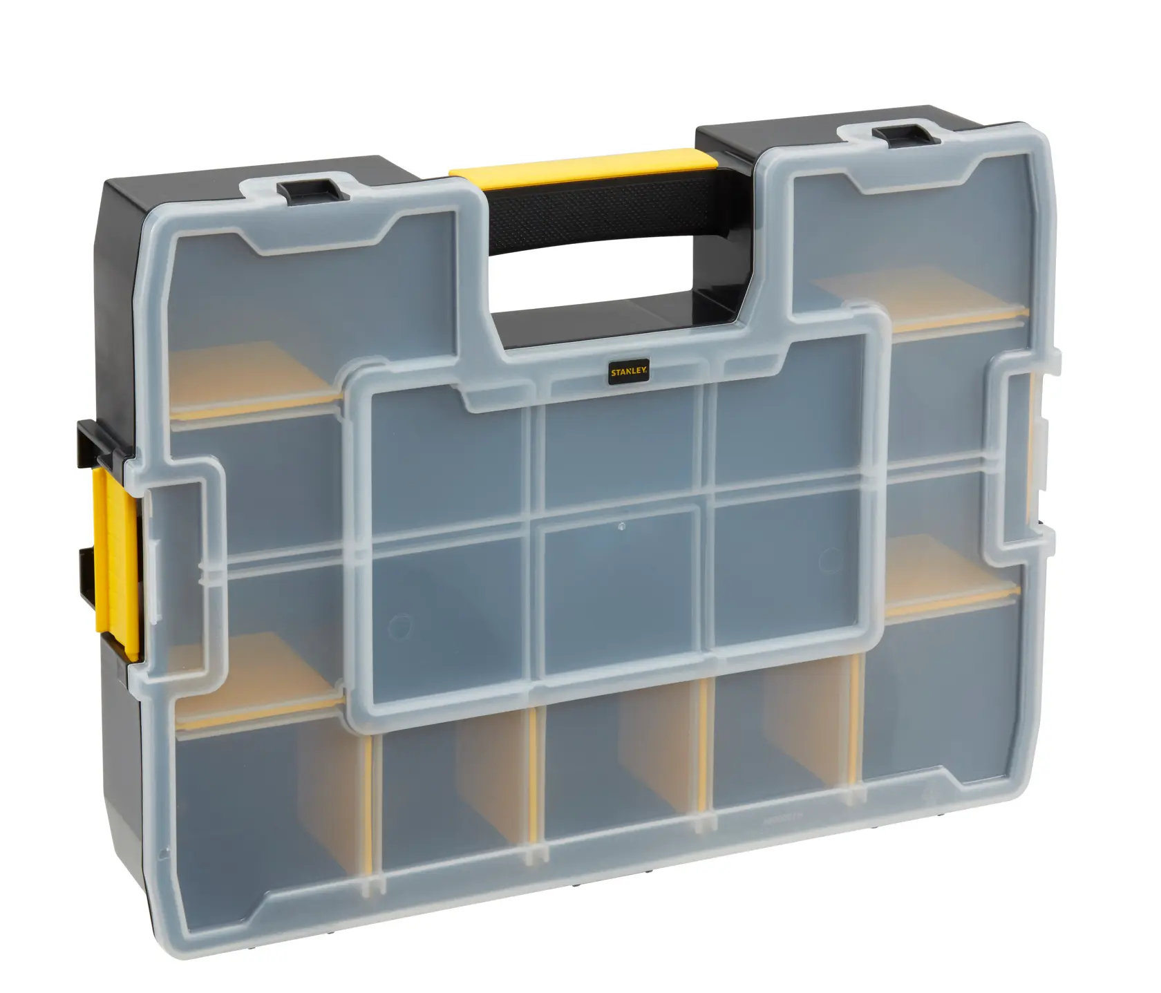 Photo of STANLEY 1-94-745 organizer case with transparent lid, black and yellow handle, front angle.