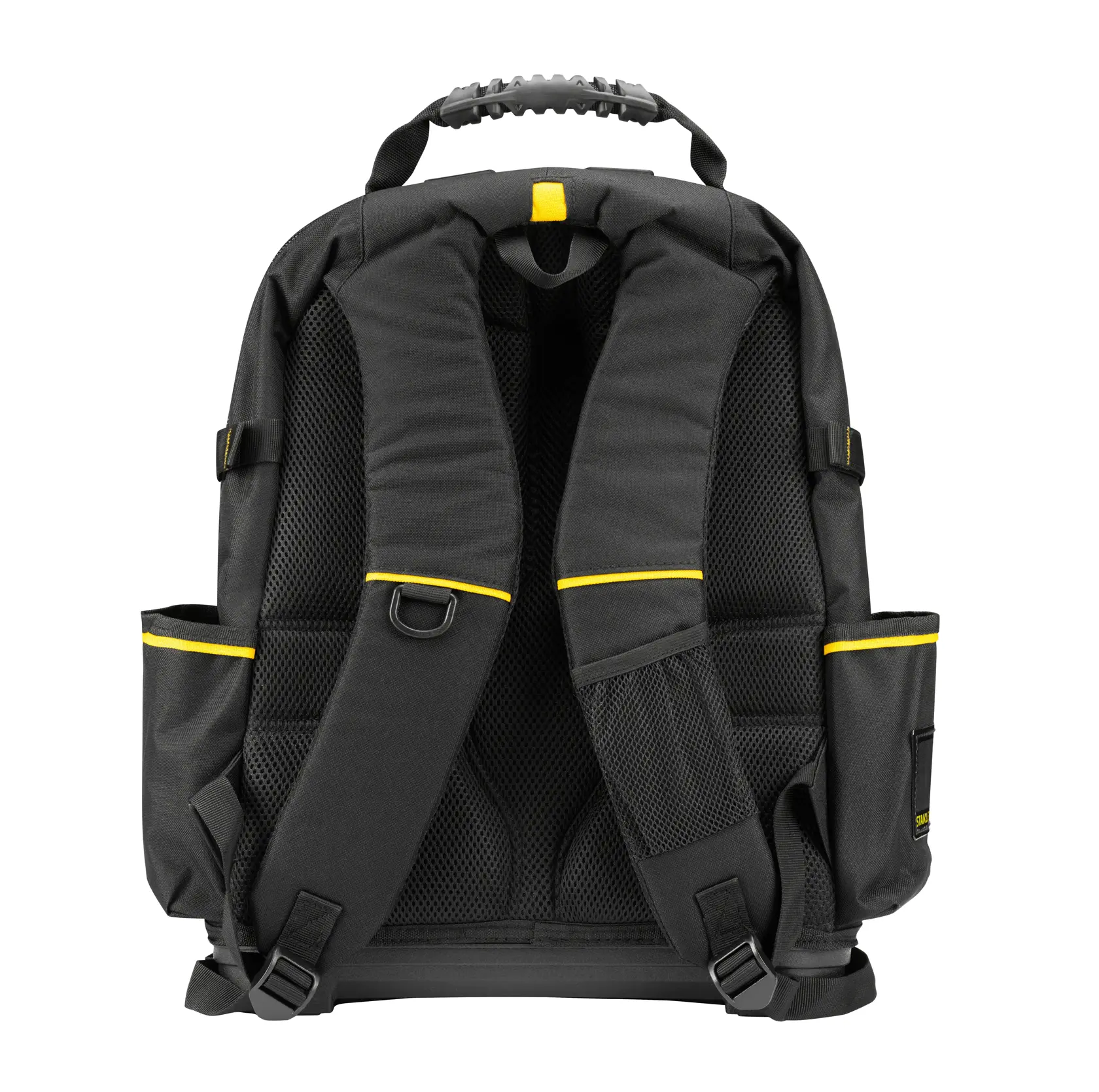 STANLEY 1-95-611 tool backpack rear view, black with yellow trim and padded straps, white background.