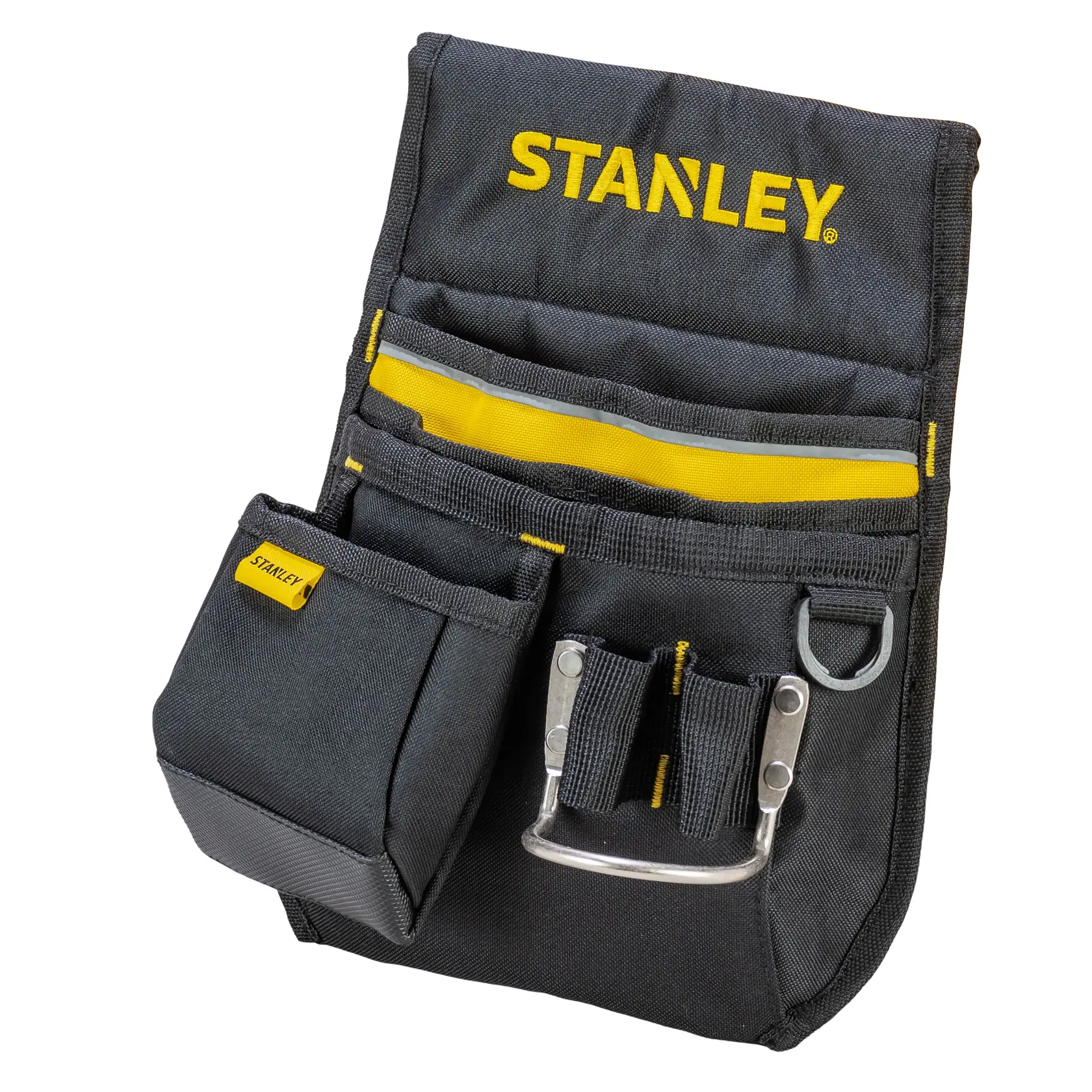 Photo of STANLEY 1-96-181 black tool pouch with yellow accents, front angle, multiple pockets and loops.
