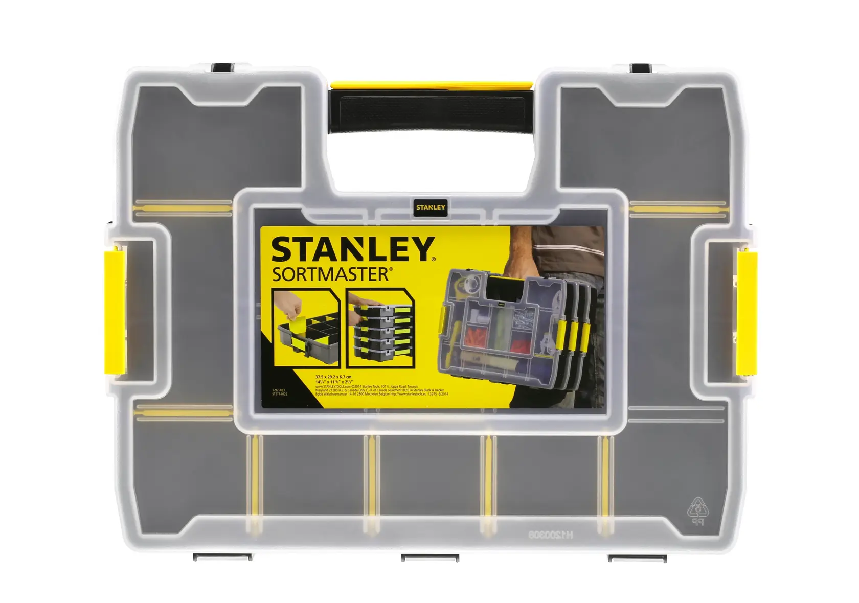 STANLEY 1-97-483 plastic organizer box with clear lid, black base, and yellow latches, front angle photo.