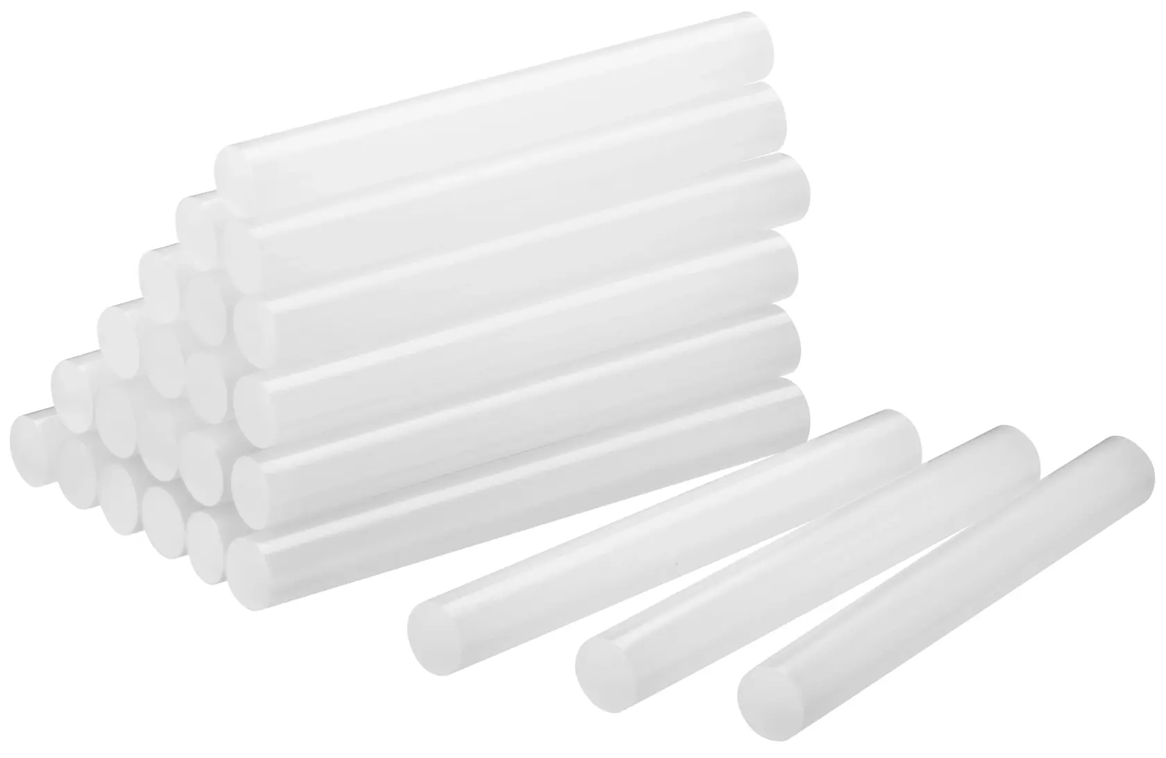STANLEY 1-GS20DT clear hot glue sticks, side angle, photography of stacked cylindrical adhesive rods.