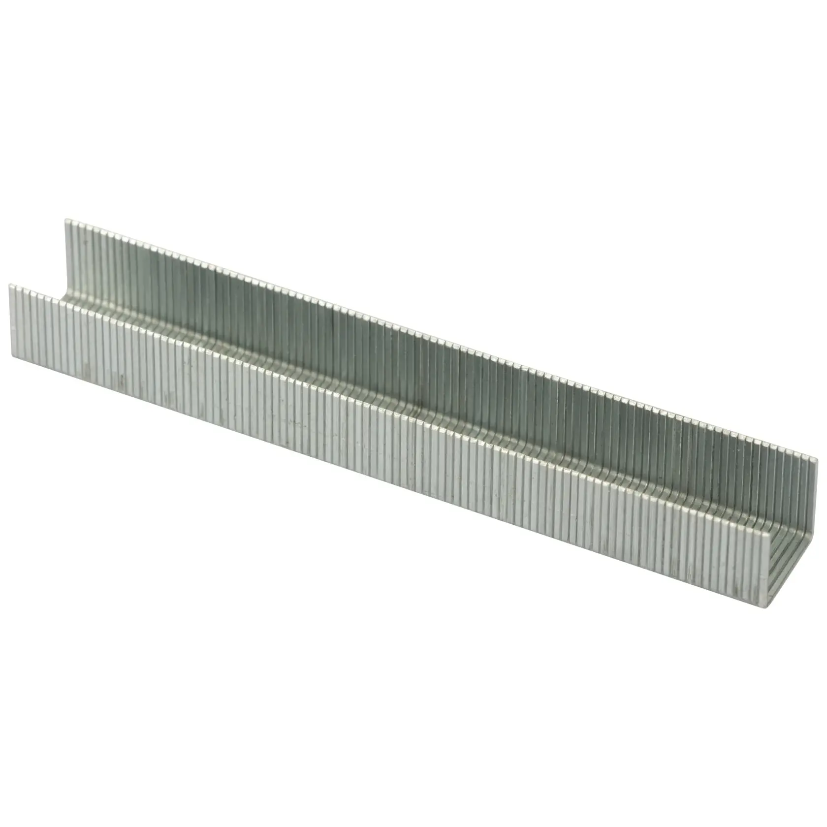 STANLEY 1-TRA206T silver staples strip, close-up angle on white background, photography product category.