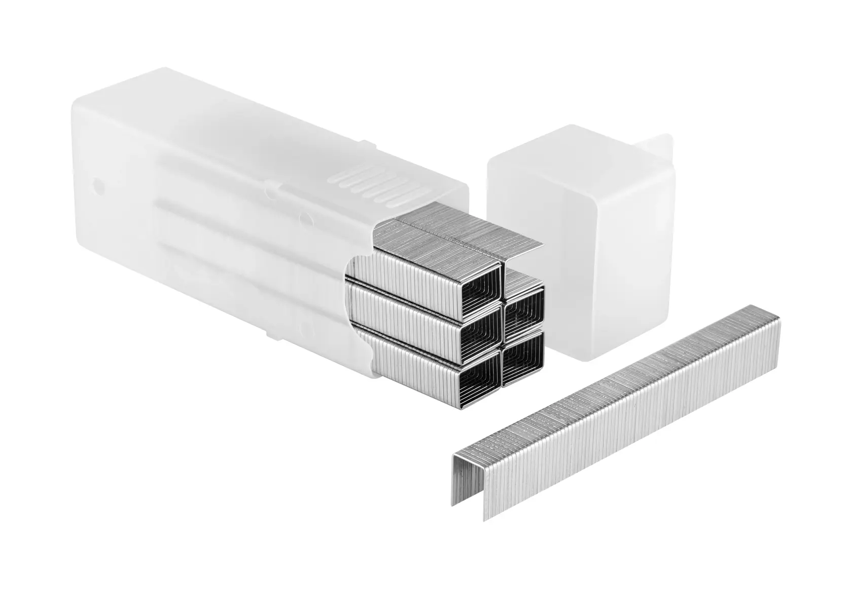 Stanley pack of metal staples with plastic container, shown in stacked and single form.