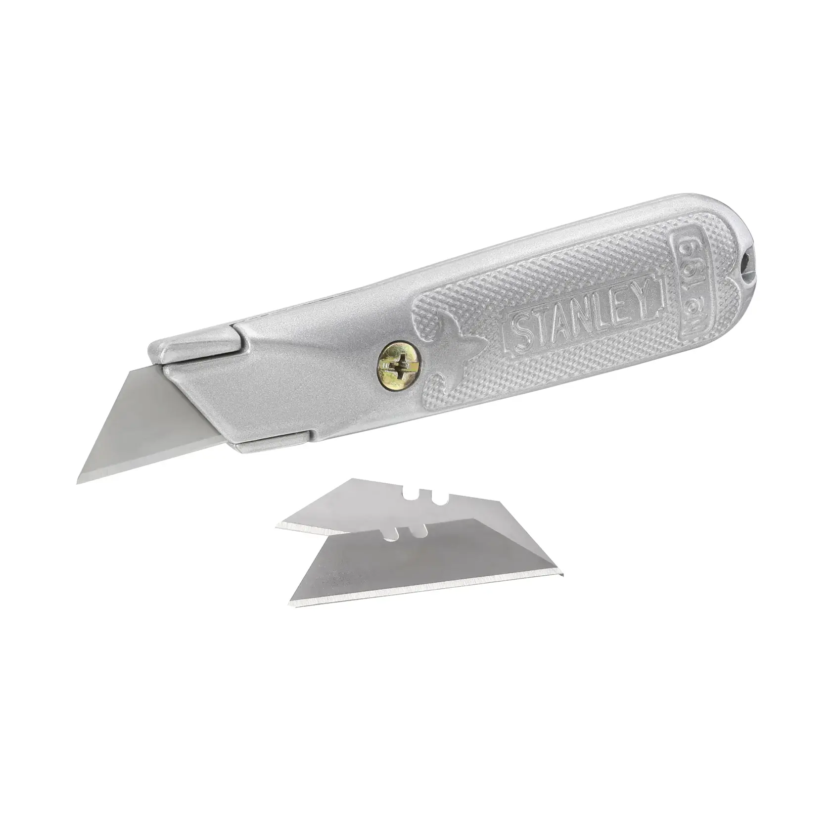 STANLEY 2-10-199 utility knife with silver handle and two replacement blades, product side view.