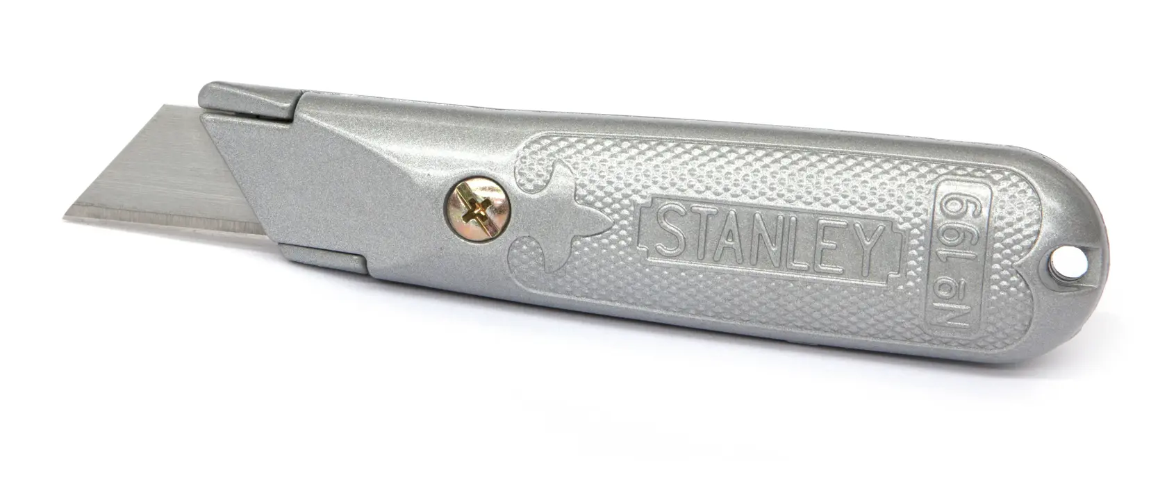 STANLEY 2-10-199 silver utility knife with textured grip, side view on white background.