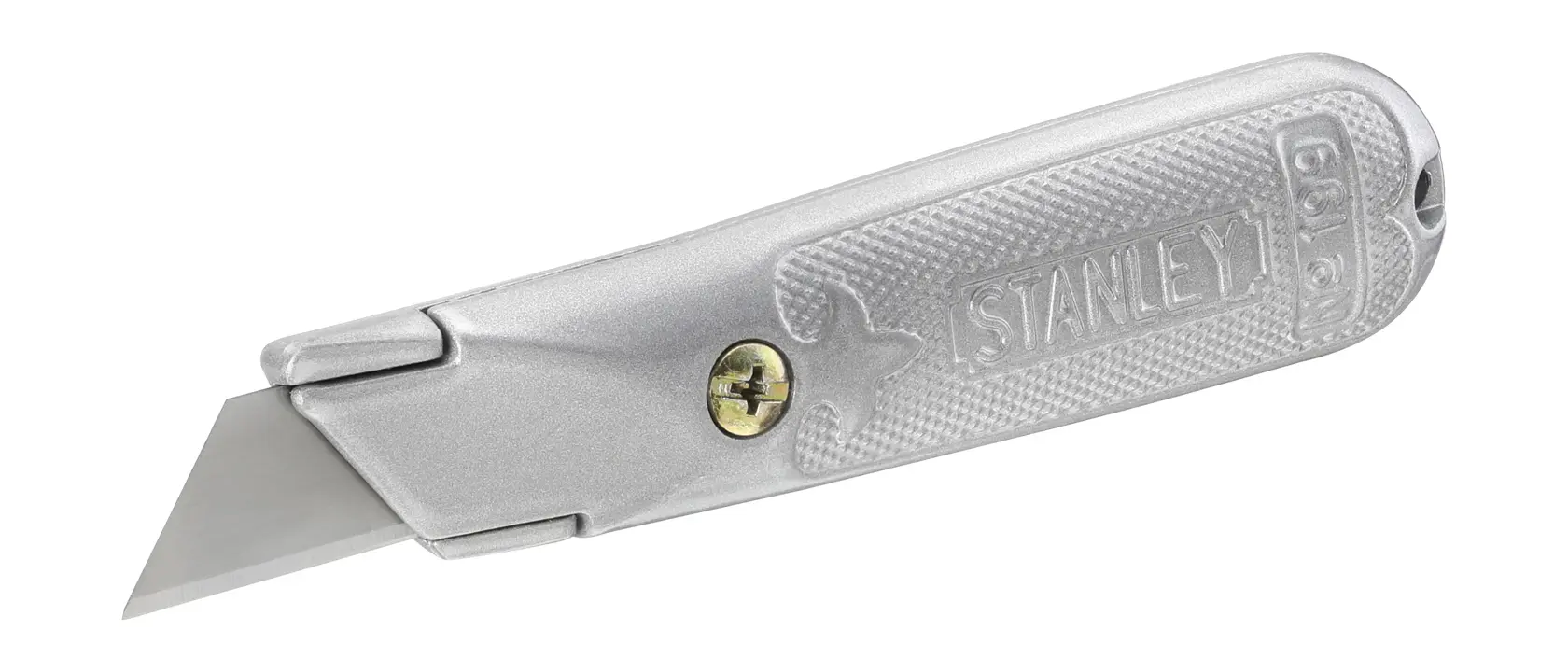 Silver STANLEY utility knife with a sharp straight blade and textured handle, model 2-10-199.