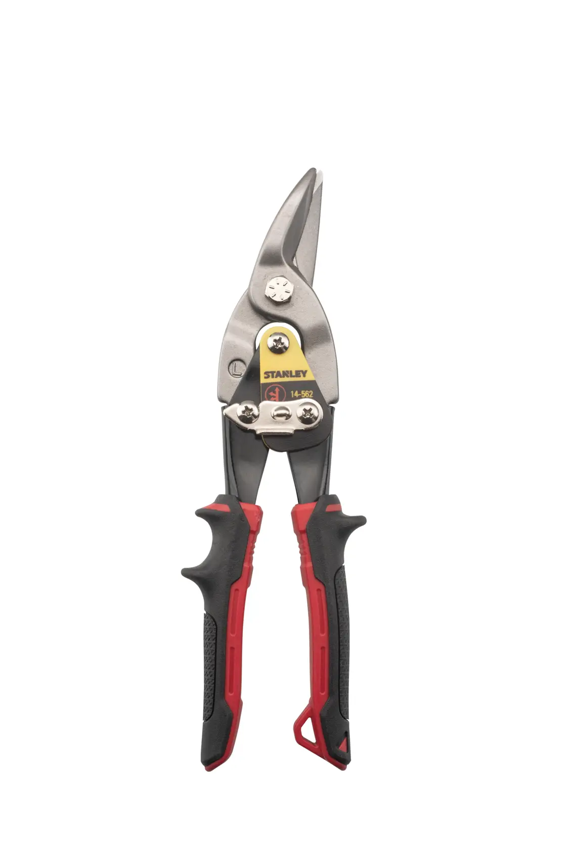 Stanley FatMax aviation snips with red and black handles, suitable for cutting metal sheets.