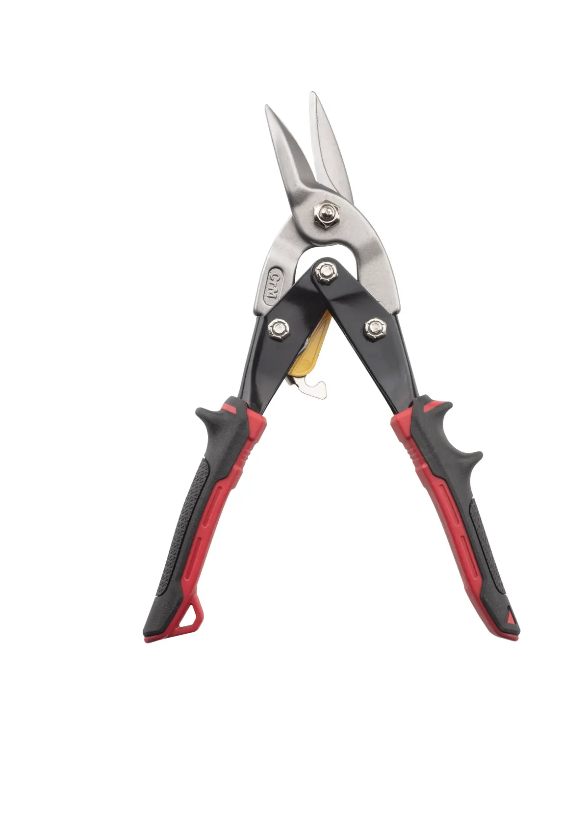 Stanley FatMax metal cutting snips with black and red handles, used for precise sheet metal cutting.