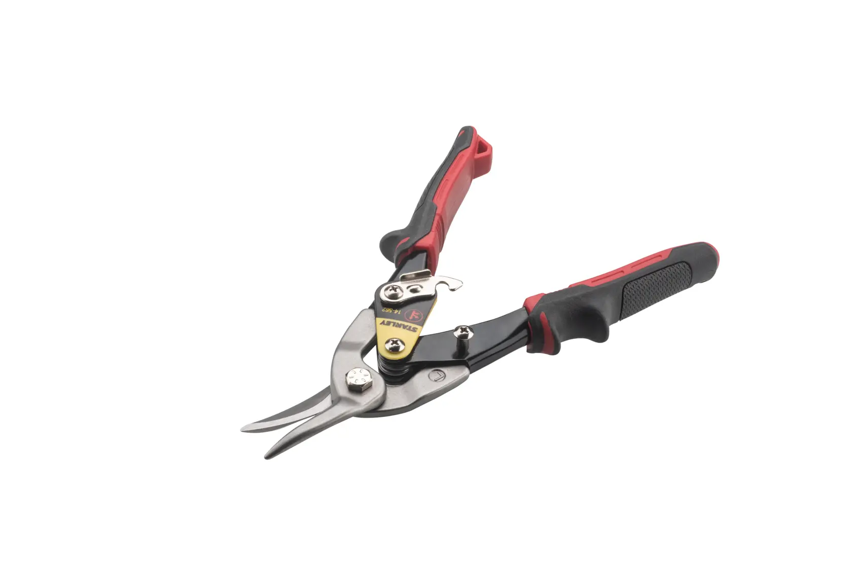 Stanley aviation snips with red and black handles and curved metal blades for cutting sheet materials.