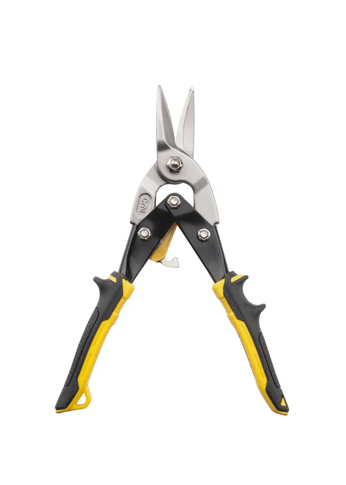 STANLEY 2-14-563 aviation snips with black and yellow handles, side view on white background.