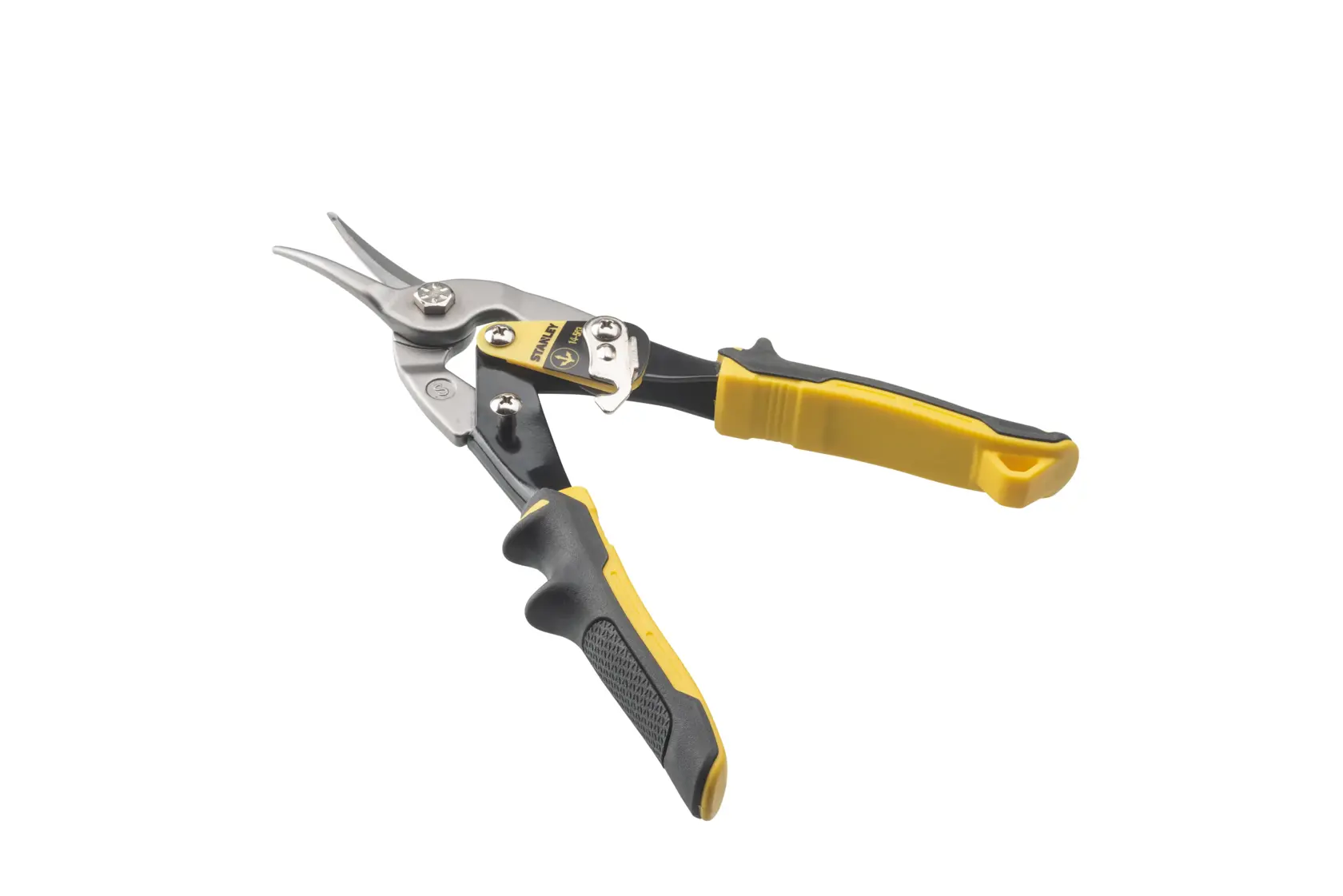 Photo of STANLEY 2-14-563 aviation snips with black and yellow handles, front angle on white background.