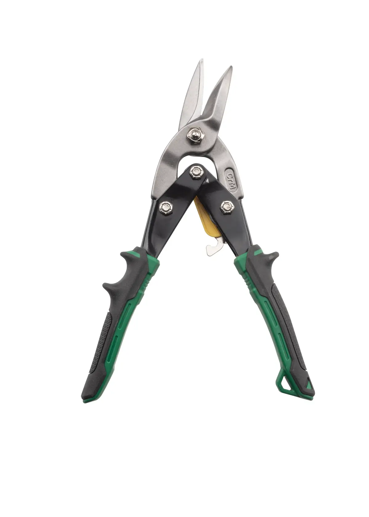 Stanley FatMax aviation snips with green and black handles, suitable for cutting metal or sheet materials.