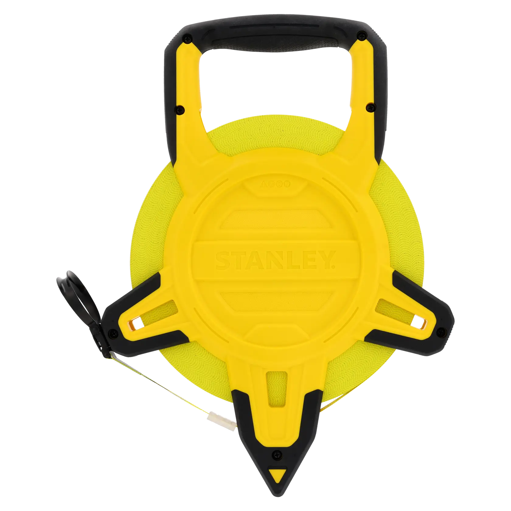 Photo of STANLEY 2-34-777 open reel measuring tape, yellow and black casing, front view on white background.