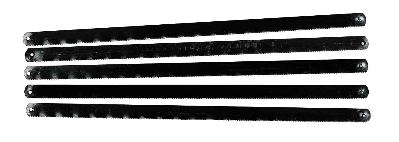STANLEY 3-15-905 hacksaw blade set, four black metal blades, top-view on white background.