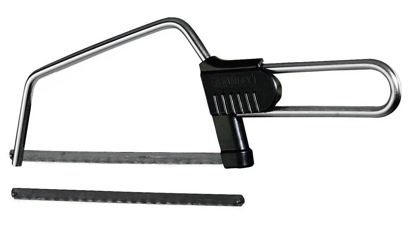 Photo of STANLEY 3-15-905 hacksaw with metal frame, black plastic handle, and extra blade, side view.