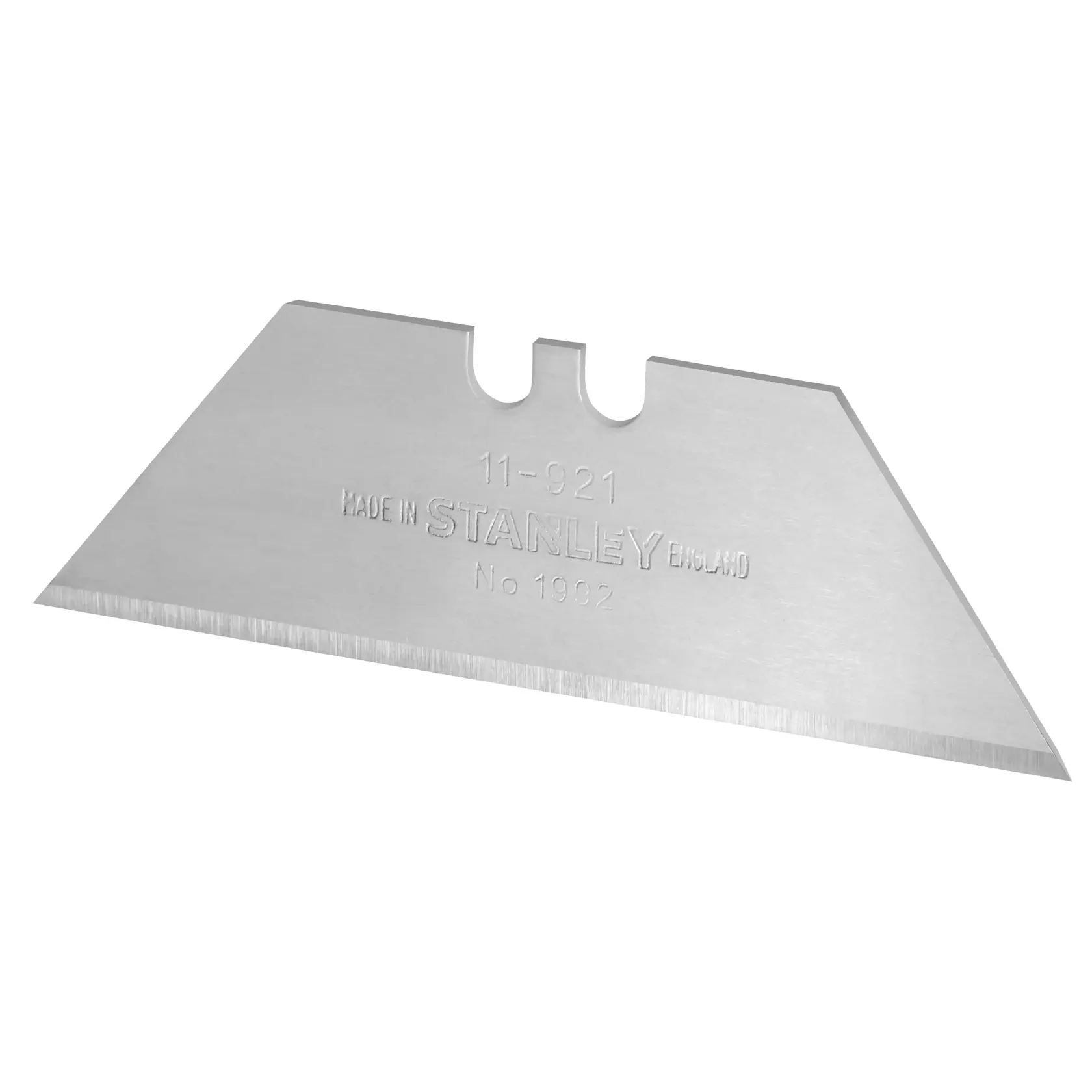STANLEY 4-11-921 utility knife blade, silver steel, straight edge, photography, side angle on white background.
