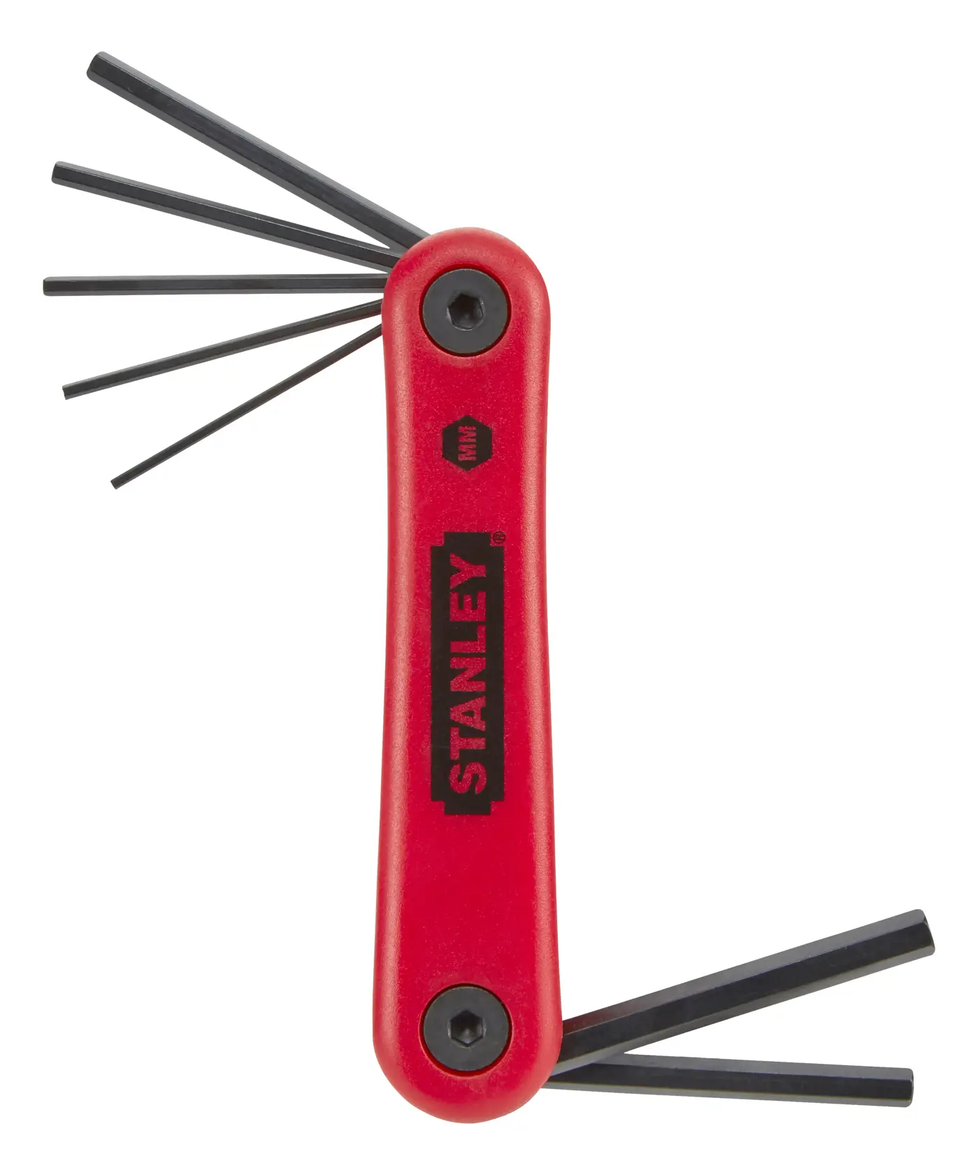 Red STANLEY folding hex key set with multiple black hex keys extended.